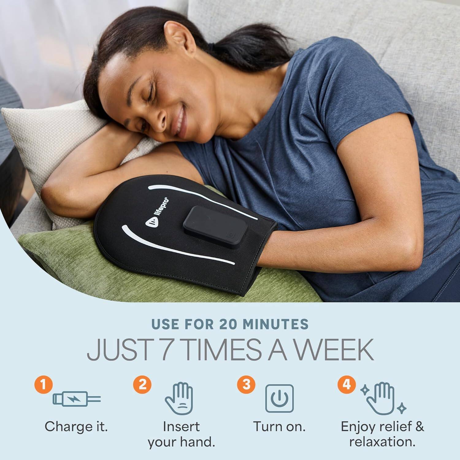 1. Use for 20 minutes just 7 times a week.
2. Charge it.
3. Insert your hand.
4. Turn on.
5. Enjoy relief & relaxation.