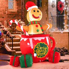 Gymax - 7 Ft Christmas Inflatable Blow up Pre-Lit Gingerbread Man in Mug w/ Gift Boxes - Multi-color