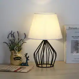 Oumilen - Farmhouse Mid Century Modern Table Lamp - Black Metal Hollow Base with Fabric Shade for Bedroom Nightstand Office