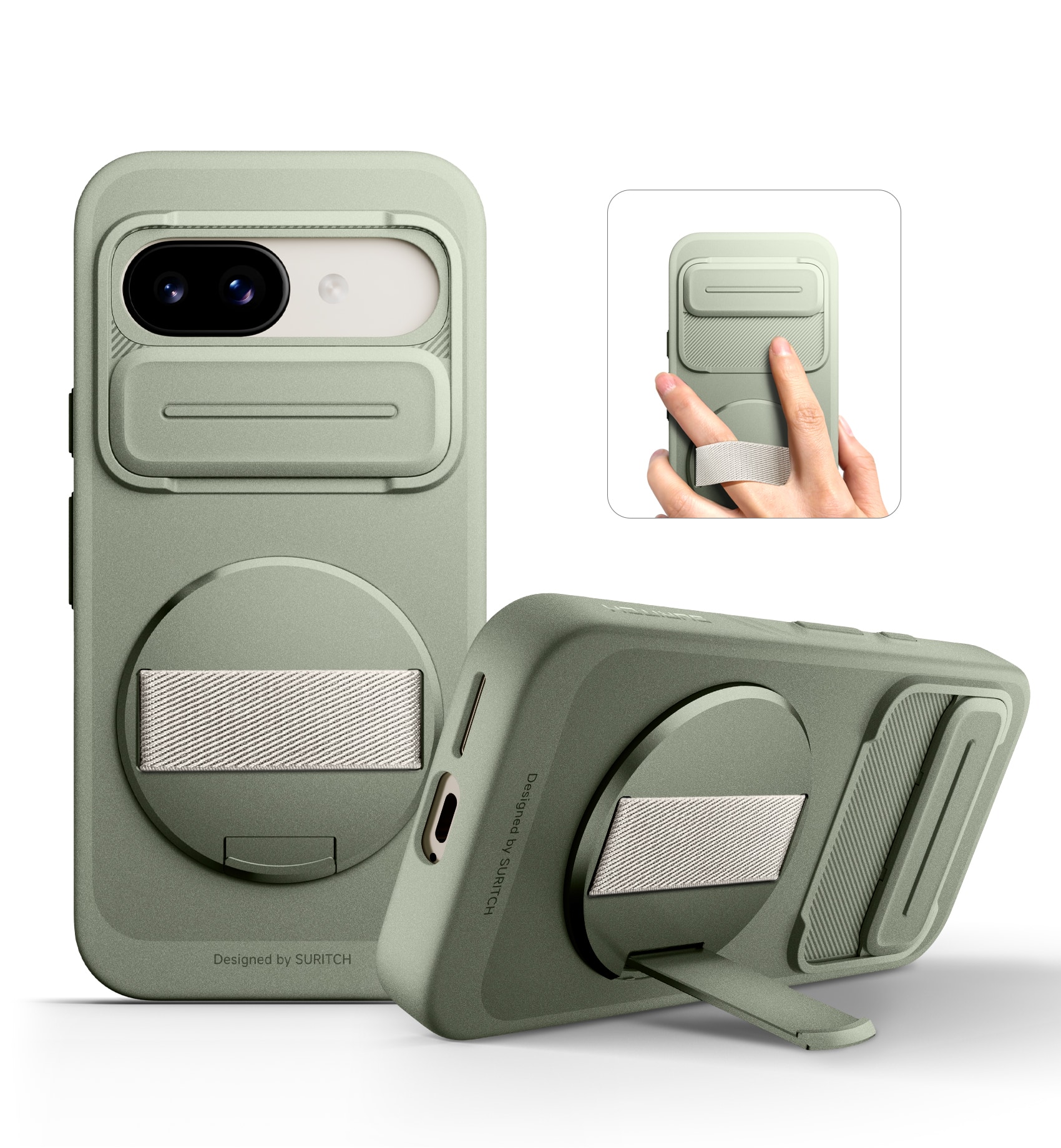 SURITCH - Case for Google Pixel 9a with 360° Rotatable Hand Strap Grip Holder, Slide Camera Cover, Slim Rugged Shockproof Cover - Khaki Green price history on PriceWatchPro