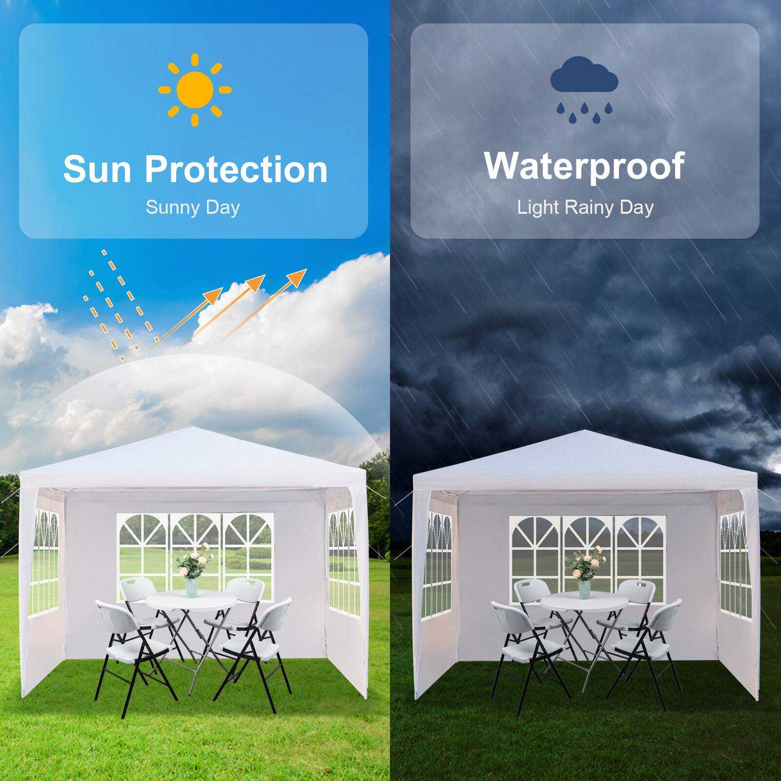 Sun Protection  
Sunny Day  

Waterproof  
Light Rainy Day