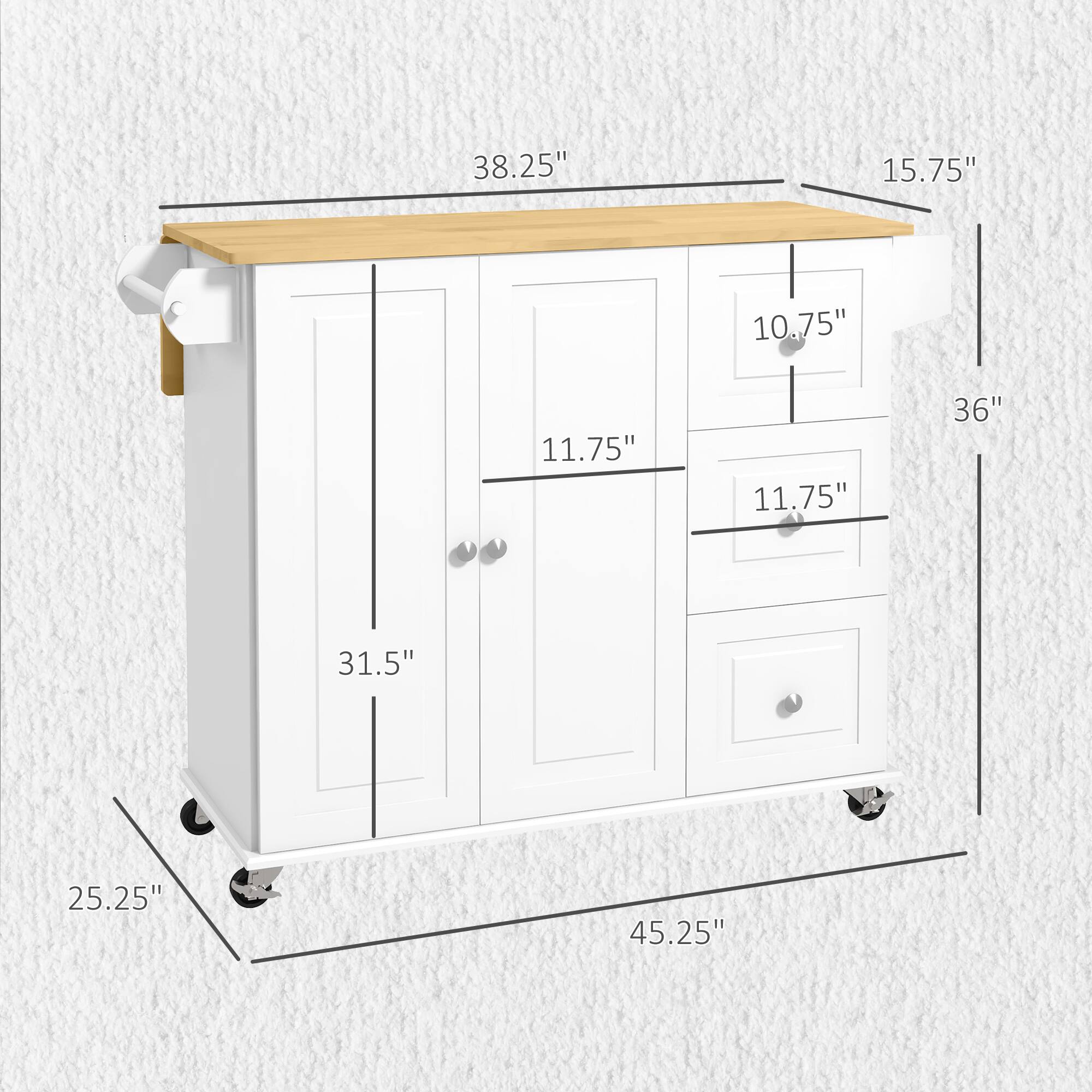 The text on the image is the dimensions of the cabinet. The dimensions are:

- Width: 45.25"
- Depth: 31.5"
- Height: 36"
- Top overhang: 38.25"
- Drawer height: 11.75"
- Drawer width: 10.75"
- Leg height: 15.75"