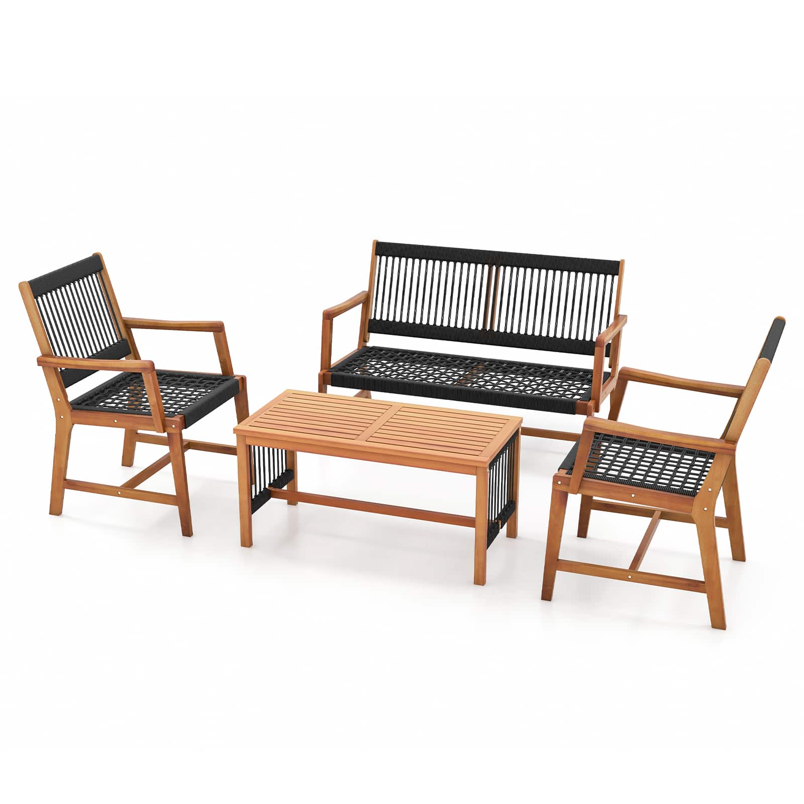 Gymax - 4 Pieces Conversation Set Acacia Wood Loveseat Chair & Table for Patio - Natural, Black