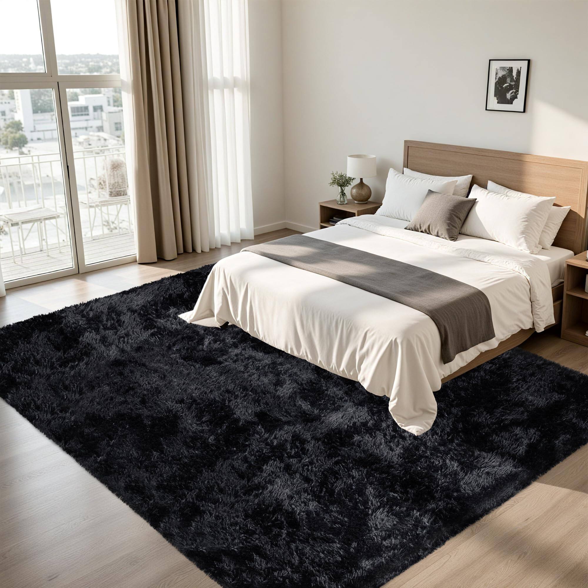 Back. PARKER SLATER - 8x10 Area Rug Living Room Ultra Soft Fluffy Shag Black Rugs Large Fuzzy Plush Indoor Non Slip Carpet Washable Bedroom - Grey Camel.