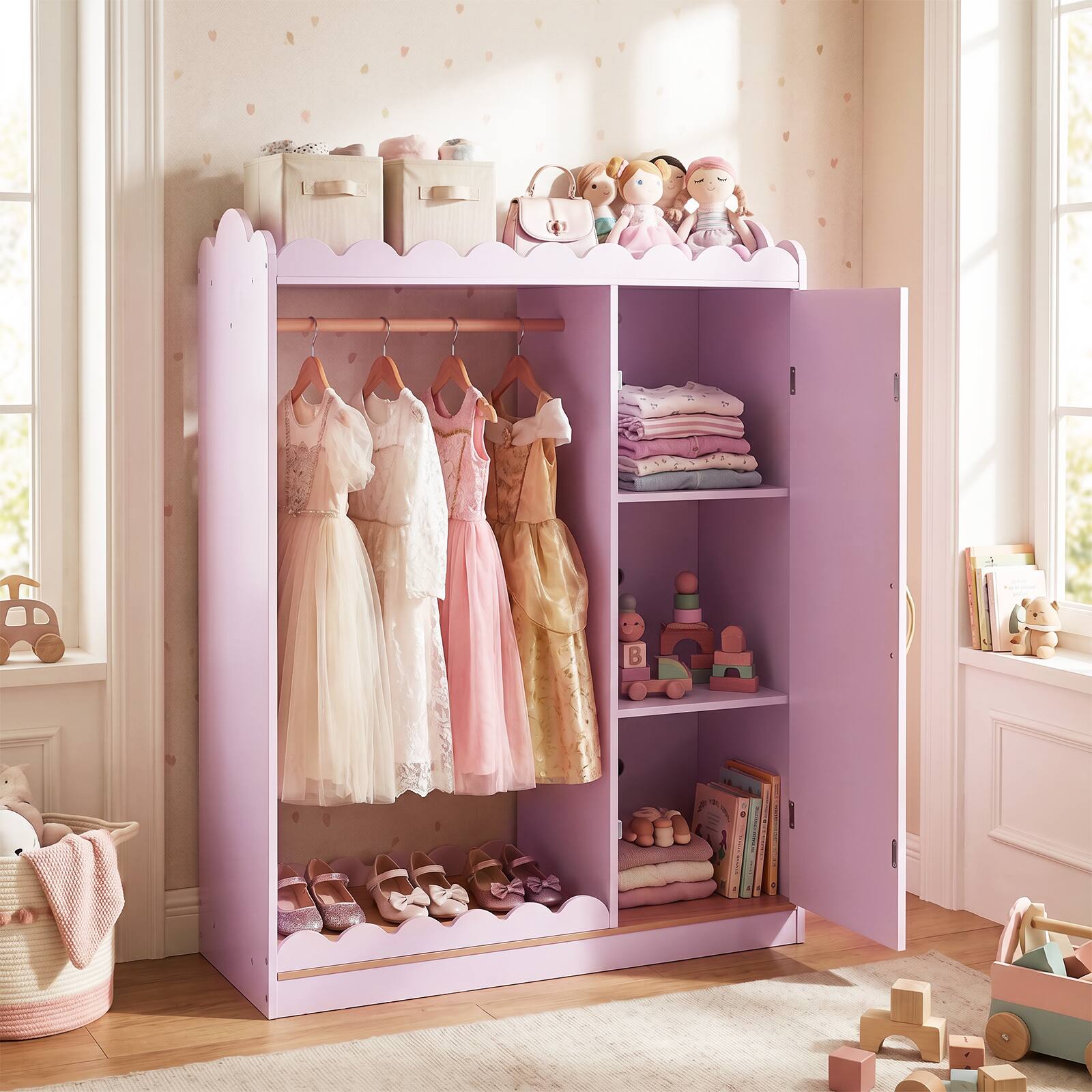Alt View 3. Costway - Costway Kids Dress Up Storage with Full Length Mirror, Single Door Cabinet, Hanging Rod - Pink.