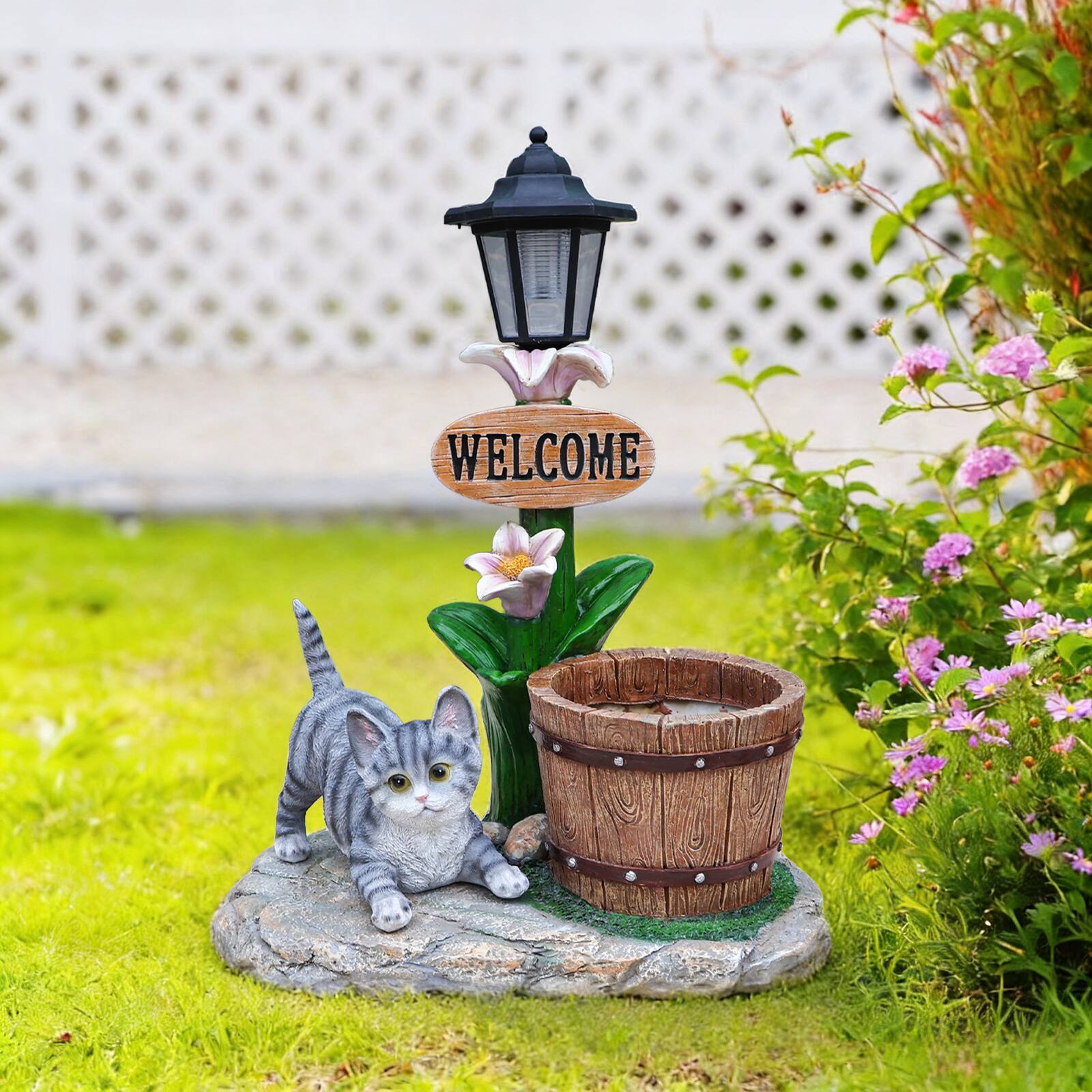 Angle. Anysun - Lying Cat Solar Planter Garden Decor – Relaxed Feline Statue with Built‑In LED Light and Flower Pot, Weather‑Resistant - Brown.