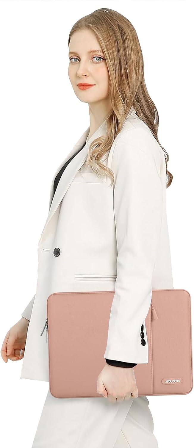 Alt View 1. mosiso - 15 inch Laptop Sleeve with Pocket, Polyester Vertical Case for MacBook Air 15 inch M5 M4 M3 M2, Acer Dell XPS Lenovo - Salmon Pink.