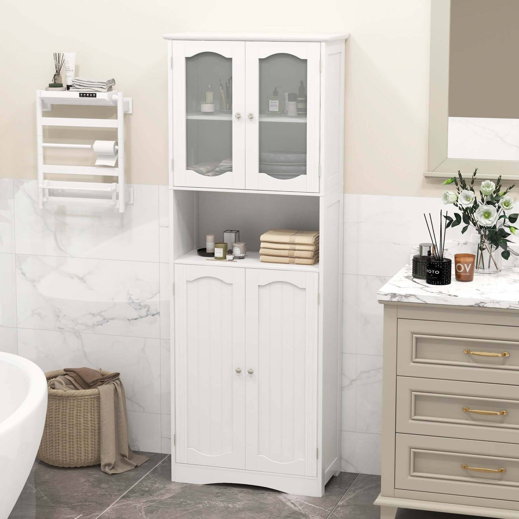 Alt View 1. Costway - Costway 64.5" Tall Bathroom Cabinet with Tempered Glass Doors Adjustable Shelves White - White.