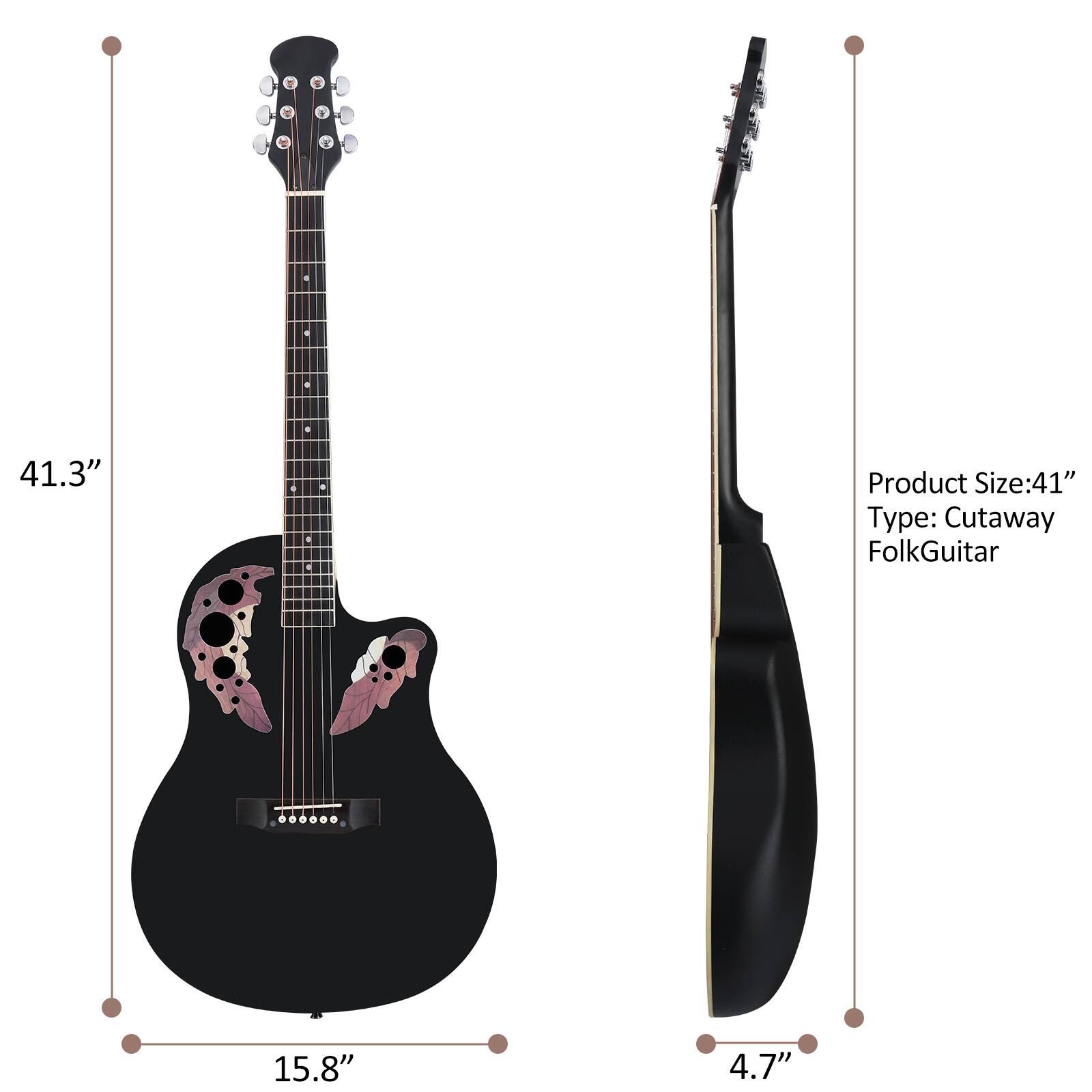 Product Size: 41"  
Type: Cutaway Folk Guitar  

41.3"  
15.8"  
4.7"