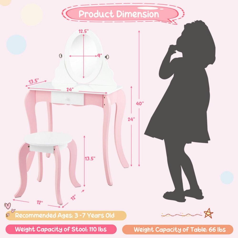 Product Dimension:  
- 12.5"  
- 9"  
- 13.5"  
- 24"  
- 40"  
- 13.5"  
- 12"  

Recommended Ages: 3-7 Years Old  

Weight Capacity of Stool: 110 lbs  

Weight Capacity of Table: 66 lbs