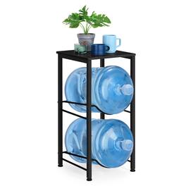 Oumilen - 2-Tier Detachable Water Jug Storage Rack with Top Black Wood Shelf, 5 Gallon Water Bottle Holder for Small Space - Black