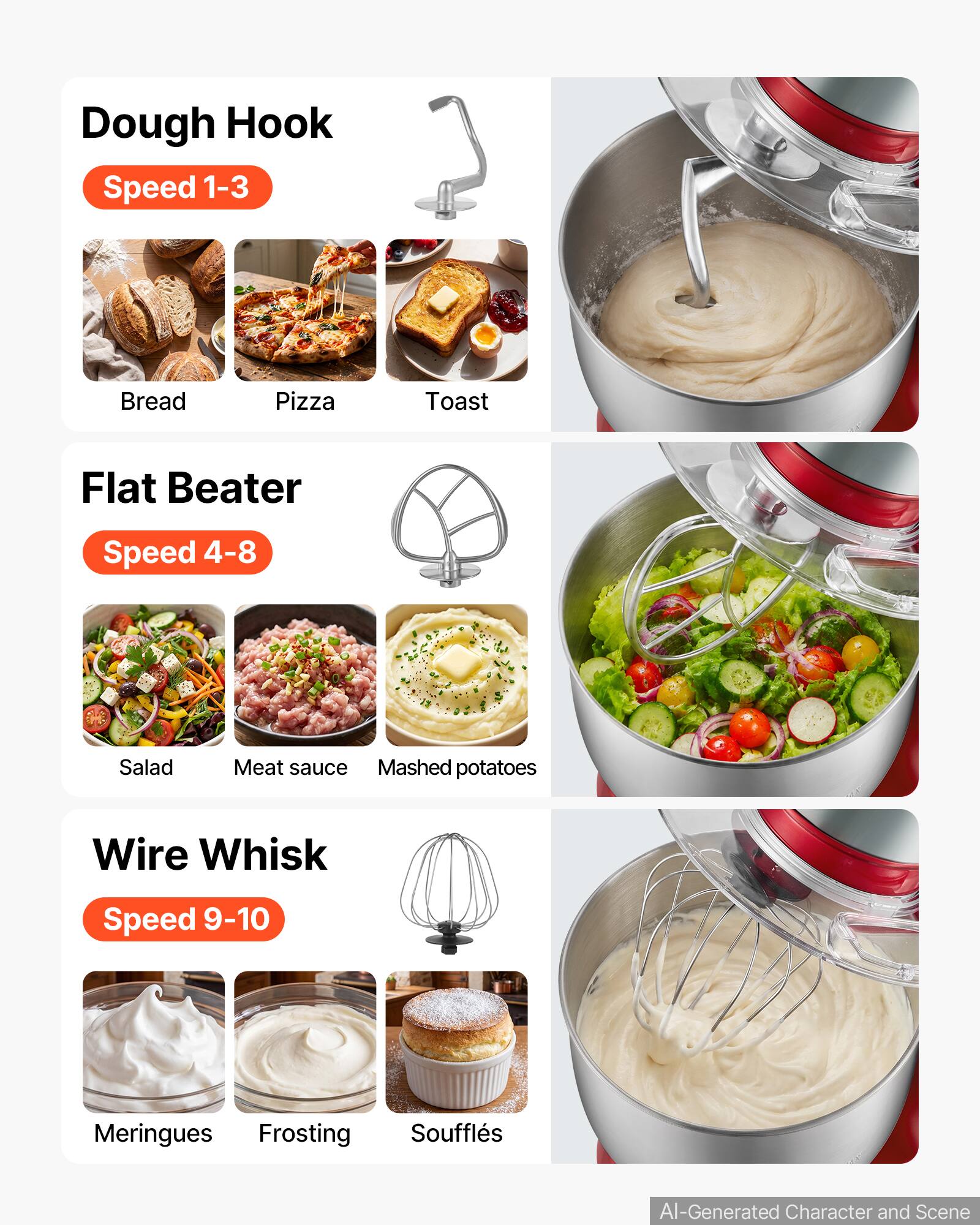 Dough Hook  
Speed 1-3  
Bread, Pizza, Toast  

Flat Beater  
Speed 4-8  
Salad, Meat sauce, Mashed potatoes  

Wire Whisk  
Speed 9-10  
Meringues, Frosting, Soufflés  

AI-Generated Character and Scene
