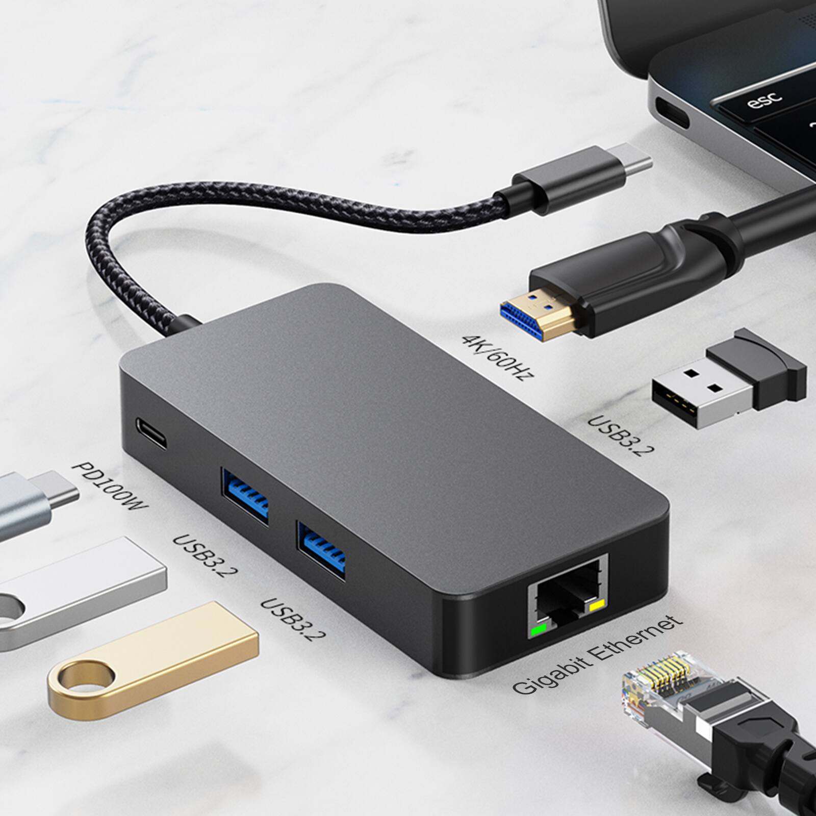 esc  
PD100W  
USB3.2  
USB3.2  
4K/60Hz  
4K  
USB3.2  
Ethernet  
Gigabit