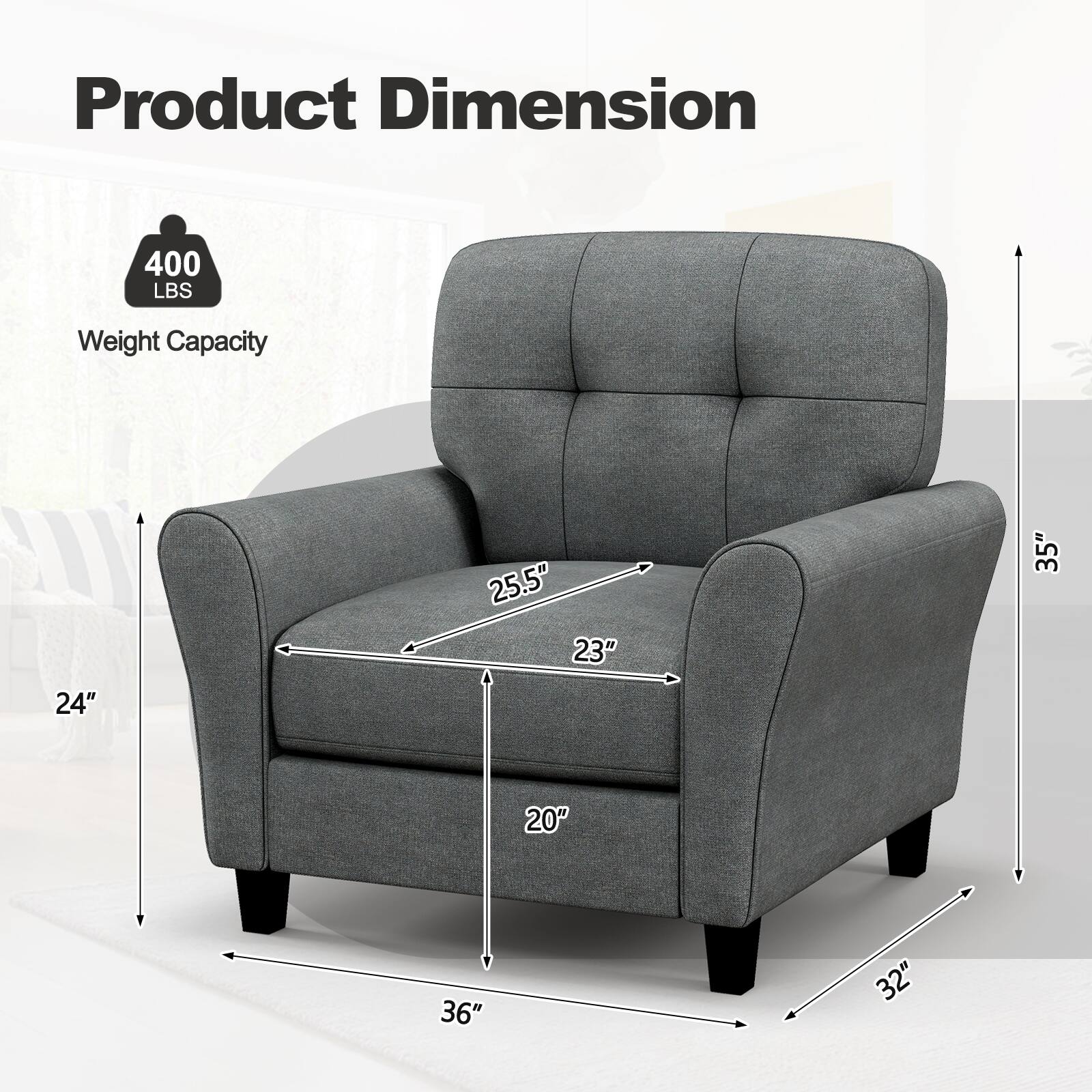 Product Dimension: 24" x 36" x 35"
Weight Capacity: 400 LBS
Dimensions: 25.5" x 23" x 20"