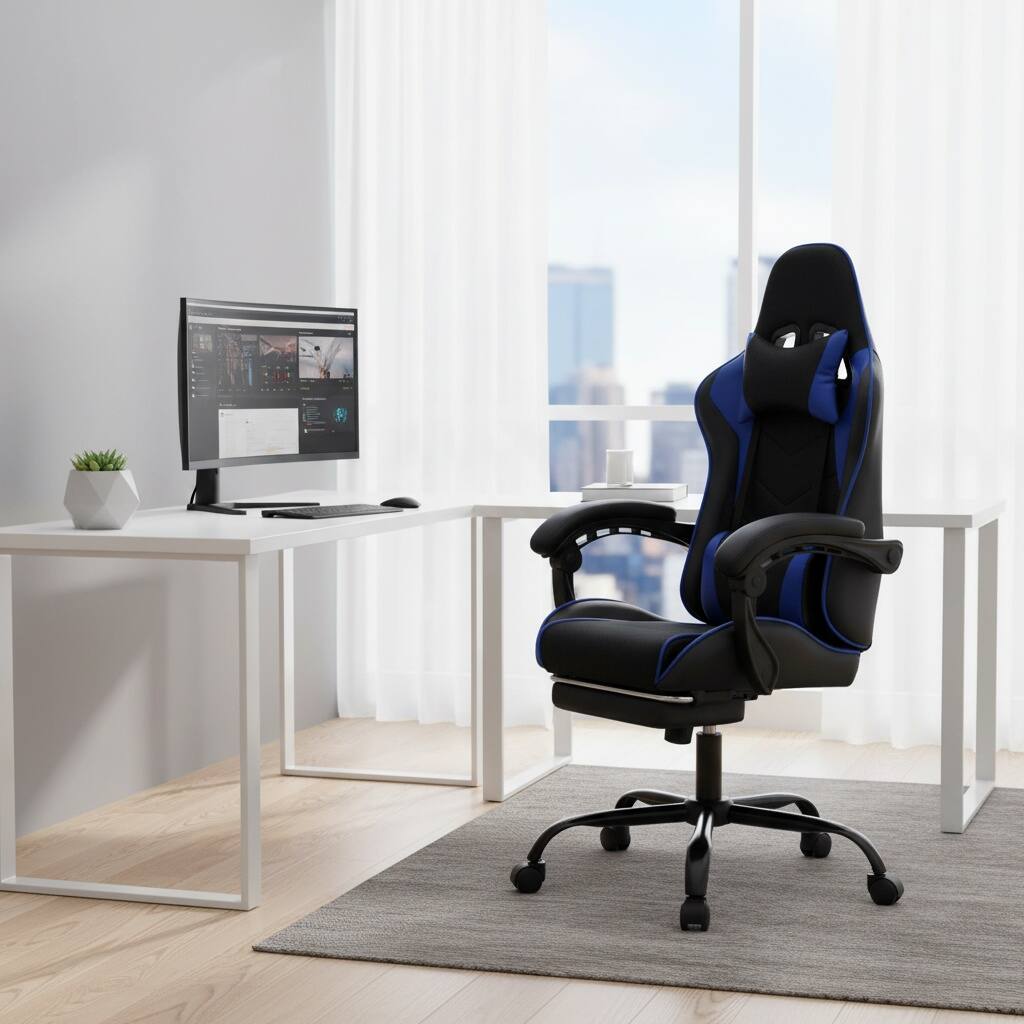 Forest'nSky - Gaming Chair with Massage, PU Leather Racing Style Sports Car Seat, Moulded Sponge, Desk Chair - Blue