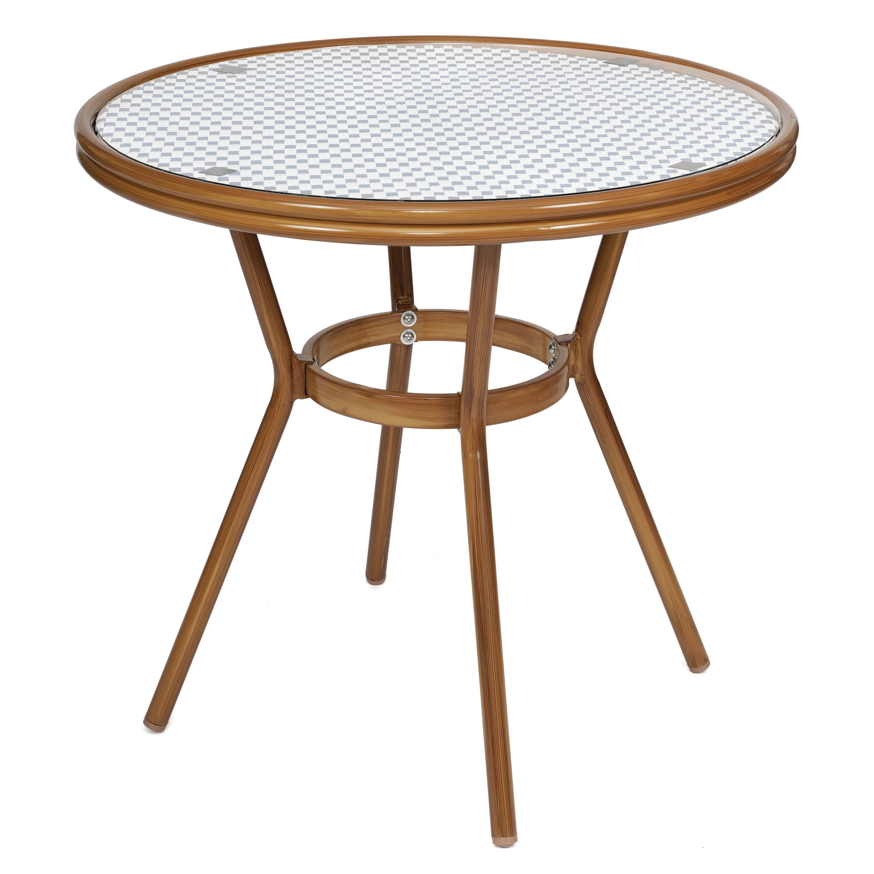 Alt View 7. Emma + Oliver - Colmar Indoor/Outdoor Bistro Style 31.5 in. Table with PE Rattan, Glass Top, and Two Chairs - Metal  Frame - White & Navy Rattan/Natural Frame.