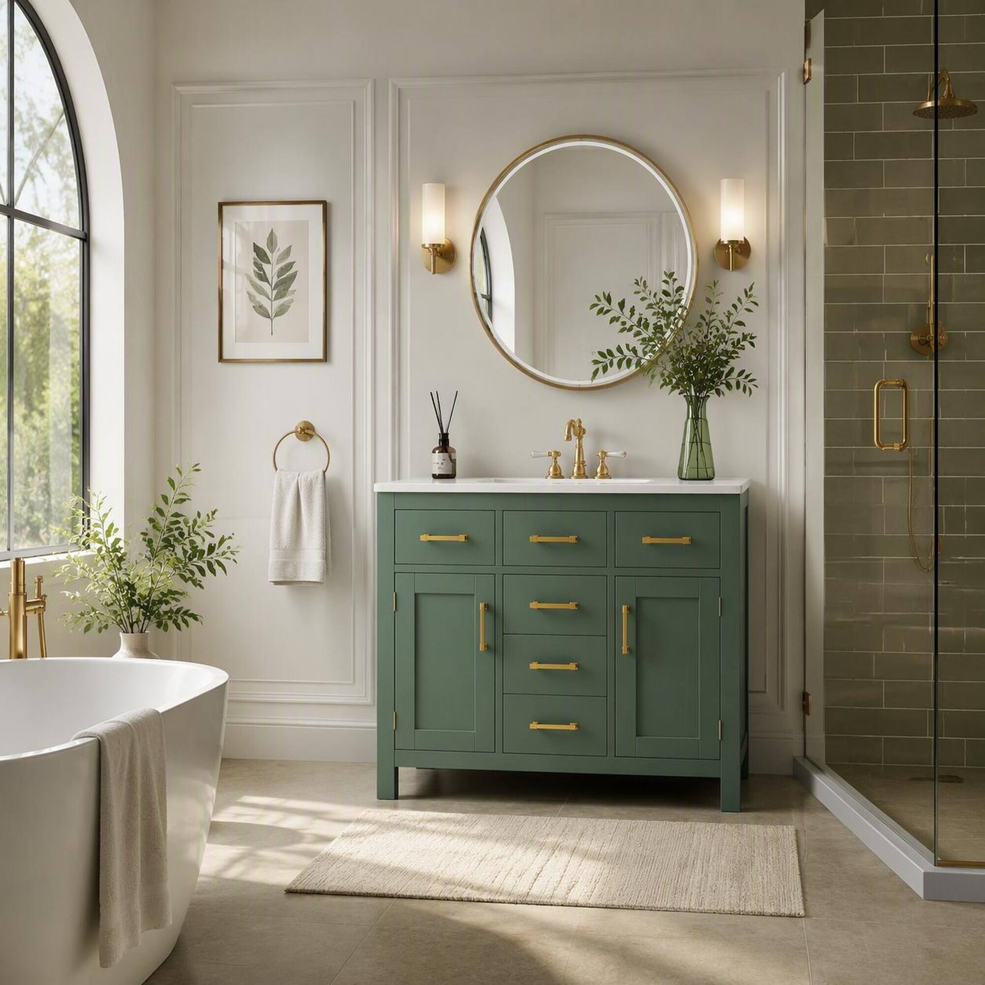 Back. RYHNUYNE - Green 36 Inch Freestanding Bathroom Vanity with Ceramic Sink and 4 Drawers plus 2 Cabinets - Green.