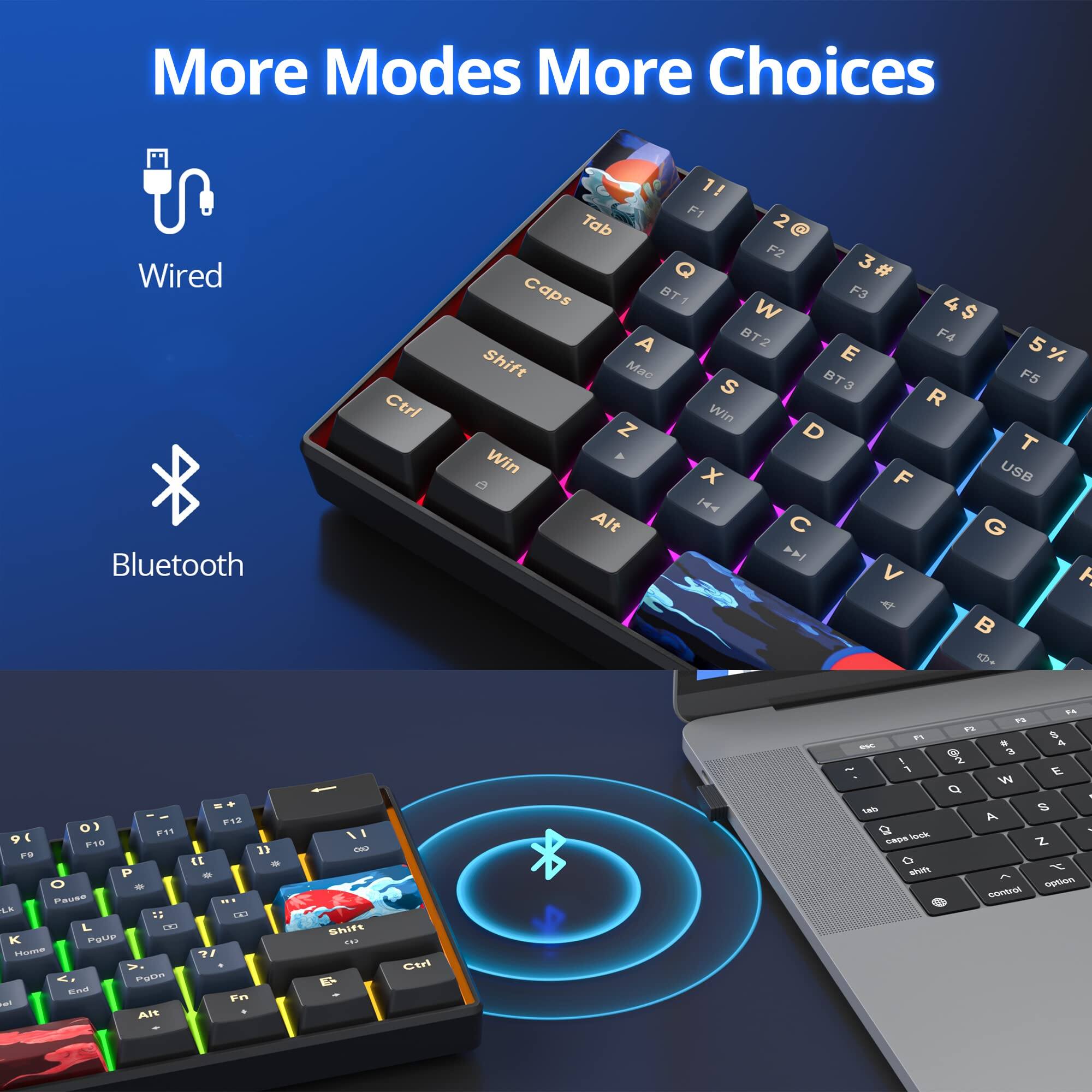 More Modes More Choices

Wired
Bluetooth

Ctrl 1! F1 Tab 2 @ F2 Q 3 # Caps BT F3 W 4$ A BT2 F4 5 Shift E % Mc BT3 F5 S R Win Z D T Win A x F USB | Alt C G >> V

9 0) F10 F11 Pause LA S L LEI Pause Home Pam EI Alt P12 13 SE FHS ? Pn ShF S12 & Gtrl 1 - 1 E a Smik C s F & . A 3 2 E W a -. A . z T t
