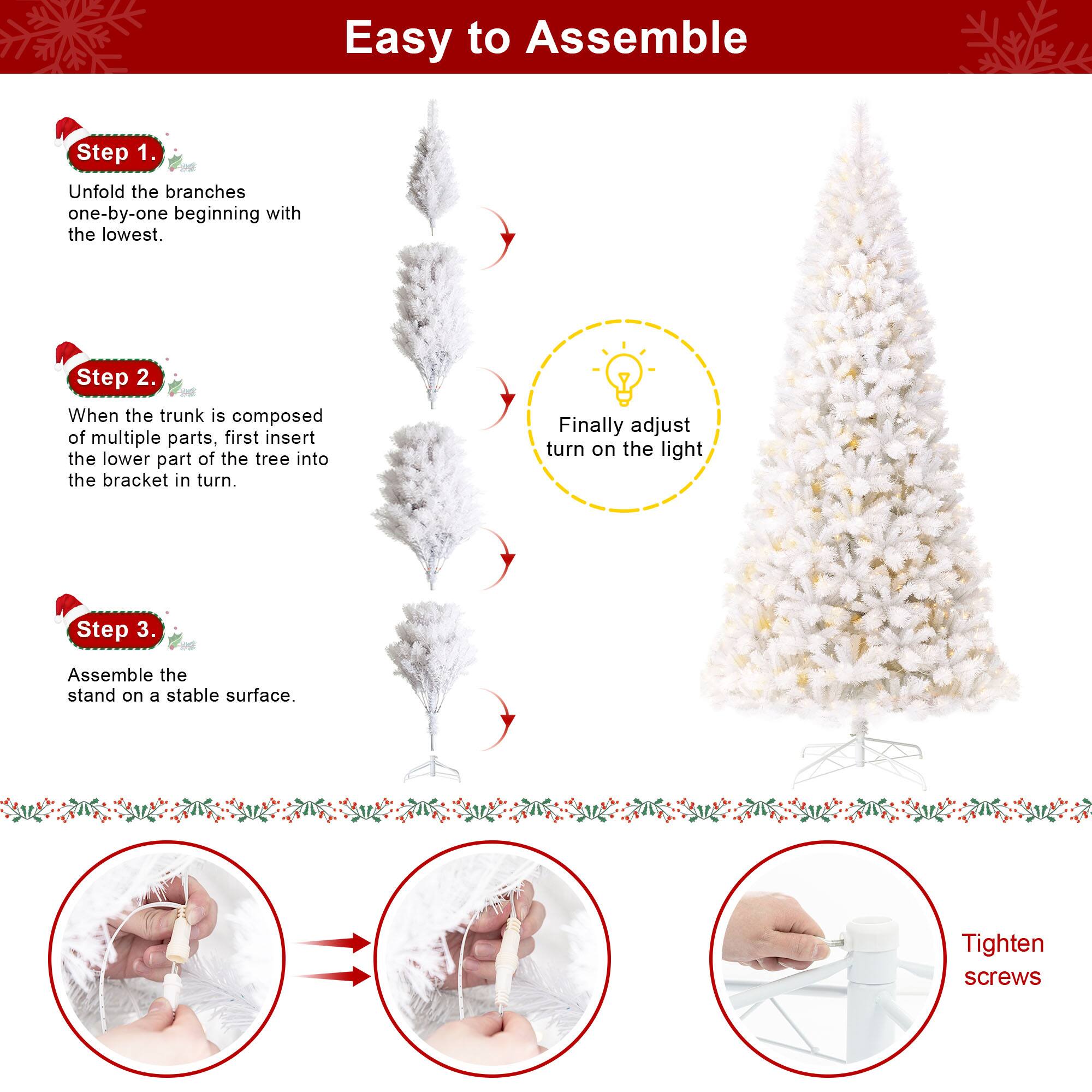 Easy to Assemble

Step 1.
Unfold the branches one-by-one beginning with the lowest.

Step 2.
When the trunk is composed of multiple parts, first insert the lower part of the tree into the bracket in turn.

Step 3.
Assemble the stand on a stable surface.

Finally adjust turn on the light

Tighten screws