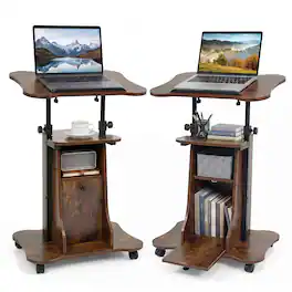 Costway - 2PCS Mobile Podium Stand with Tilting Top Storage Cabinet & Lockable Wheels - Brown + Black