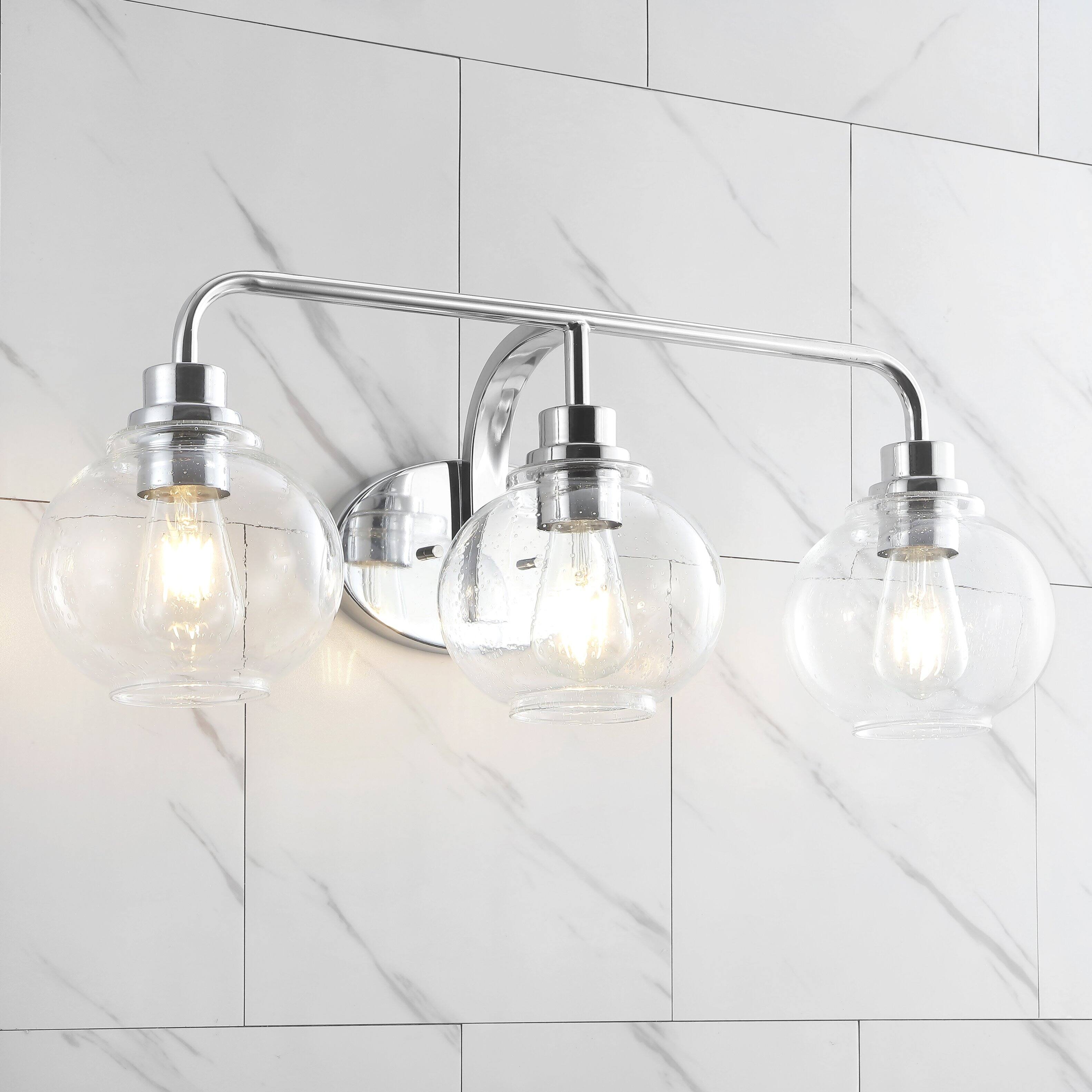Alt View 1. Jonathan Y - Sandrine 26.25" 3-Light Iron/Seeded Glass Cottage Rustic LED Vanity Light, Chrome - Chrome.