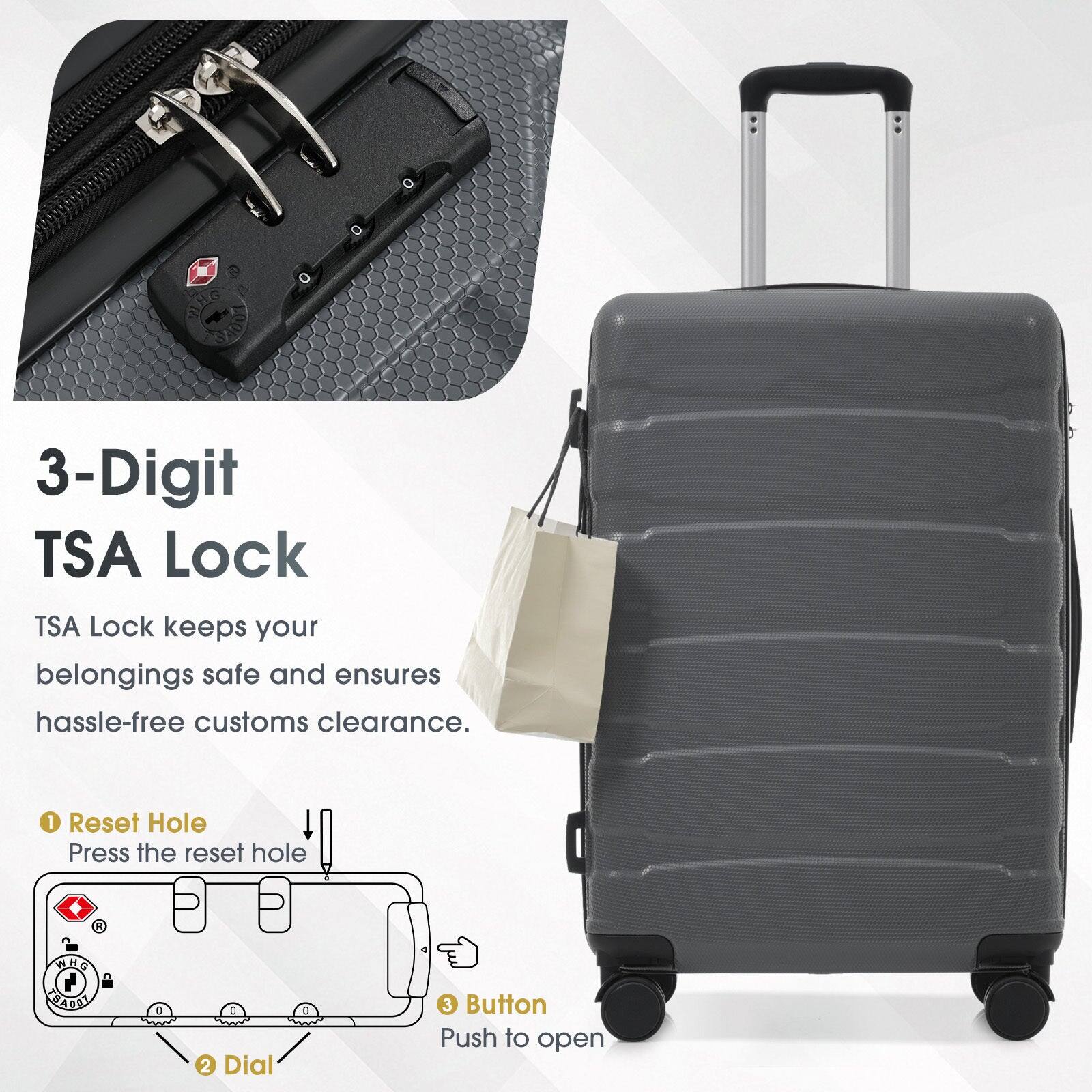 3-Digit TSA Lock

TSA Lock keeps your belongings safe and ensures hassle-free customs clearance.

1. Reset Hole
   Press the reset hole

2. Dial

3. Button
   Push to open
