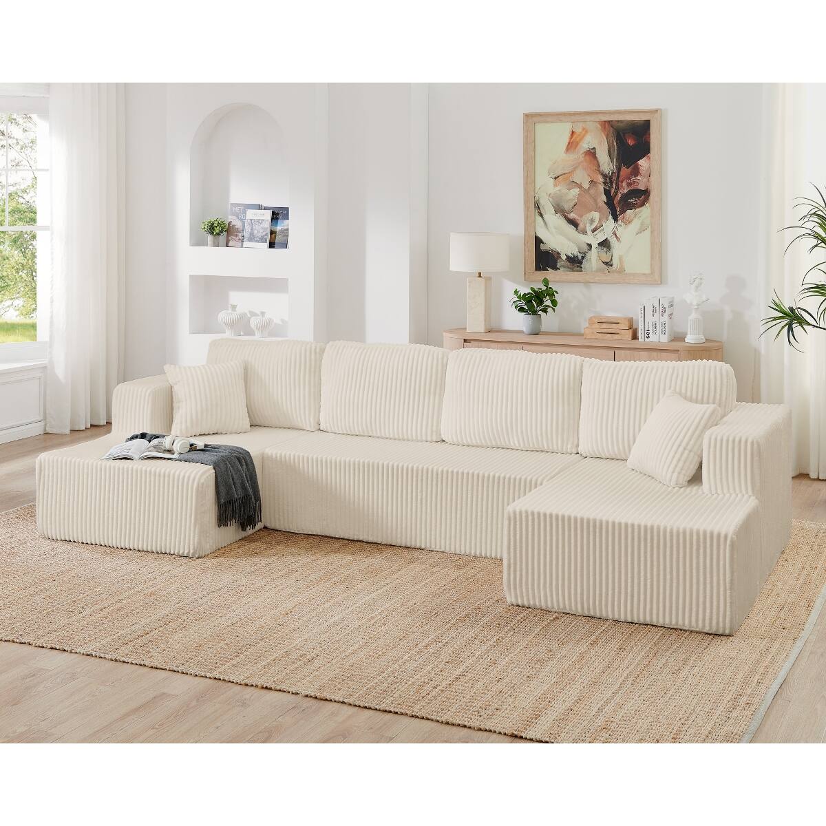 Front. Ropilly - Ropilly U Shaped Modular Sectional Sofa, Compressed Modular Sleeper Sofa, Beige Corduroy Style 4 Seat Sectional - Beige.