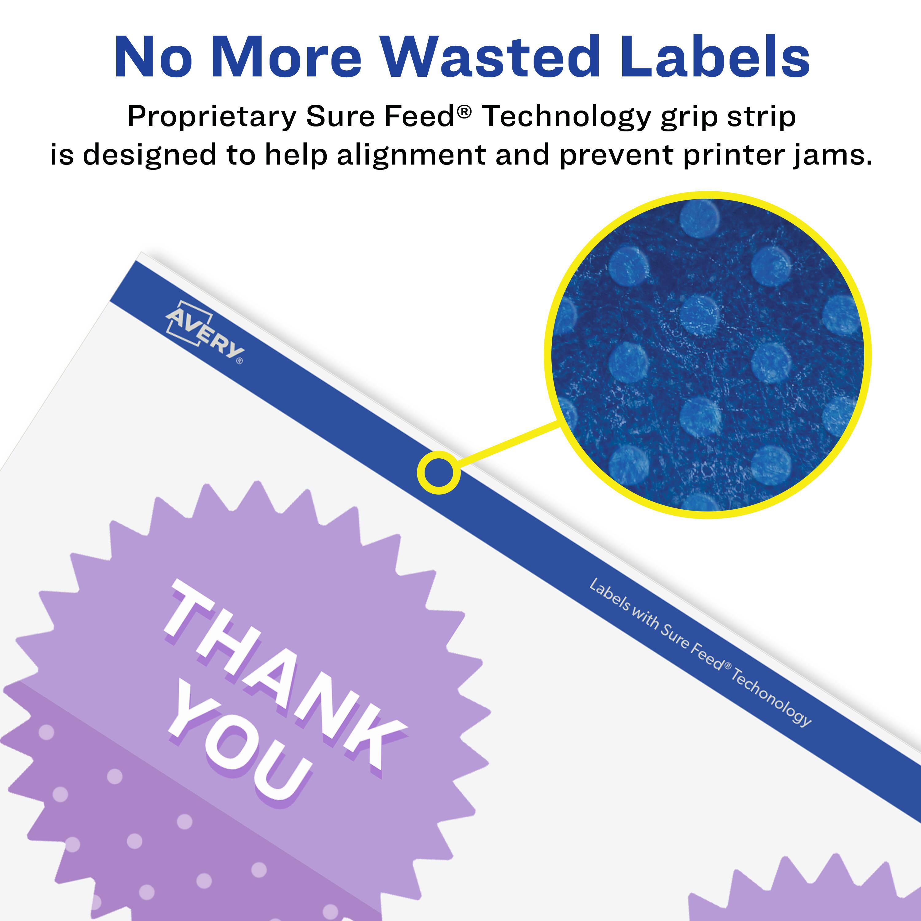 No More Wasted Labels

Proprietary Sure Feed® Technology grip strip is designed to help alignment and prevent printer jams.

AVERY THANK YOU

Labels with Sure Feed® Technology