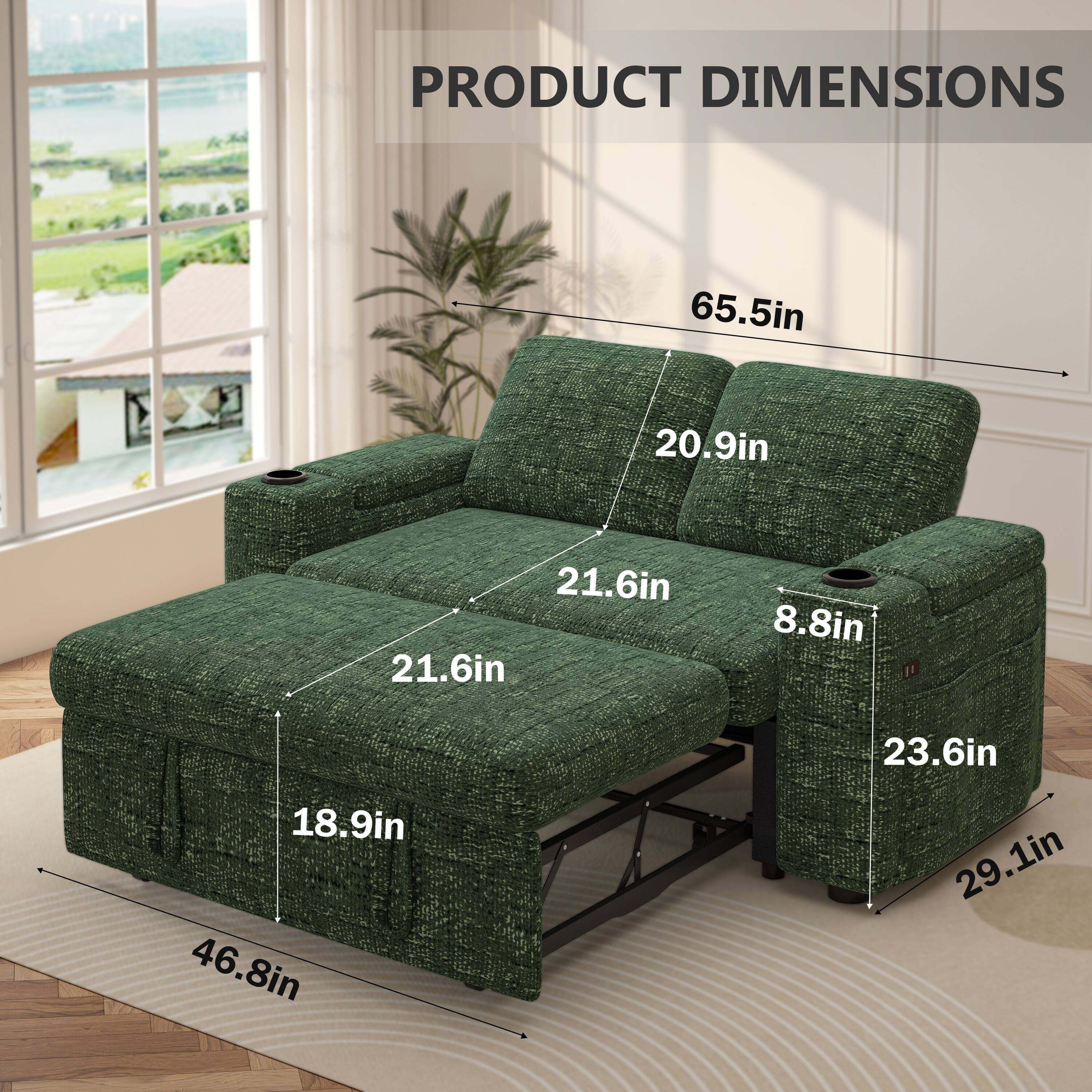 PRODUCT DIMENSIONS  
65.5in  
20.9in  
21.6in  
21.6in  
8.8in  
18.9in  
46.8in  
23.6in  
29.1in