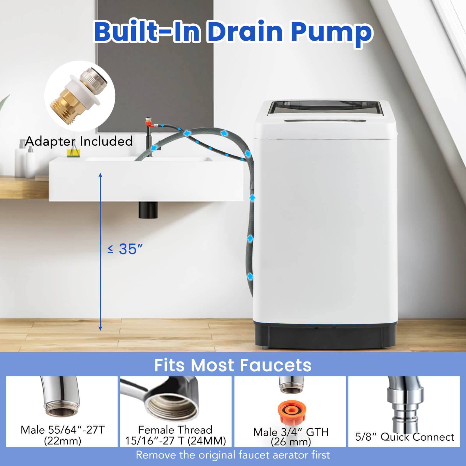 Built-In Drain Pump

Adapter Included

≤ 35"

Fits Most Faucets

Male 55/64" -27T (22mm)

Female Thread 15/16" -27T (24MM)

Male 3/4" GTH (26 mm)

5/8" Quick Connect

Remove the original faucet aerator first