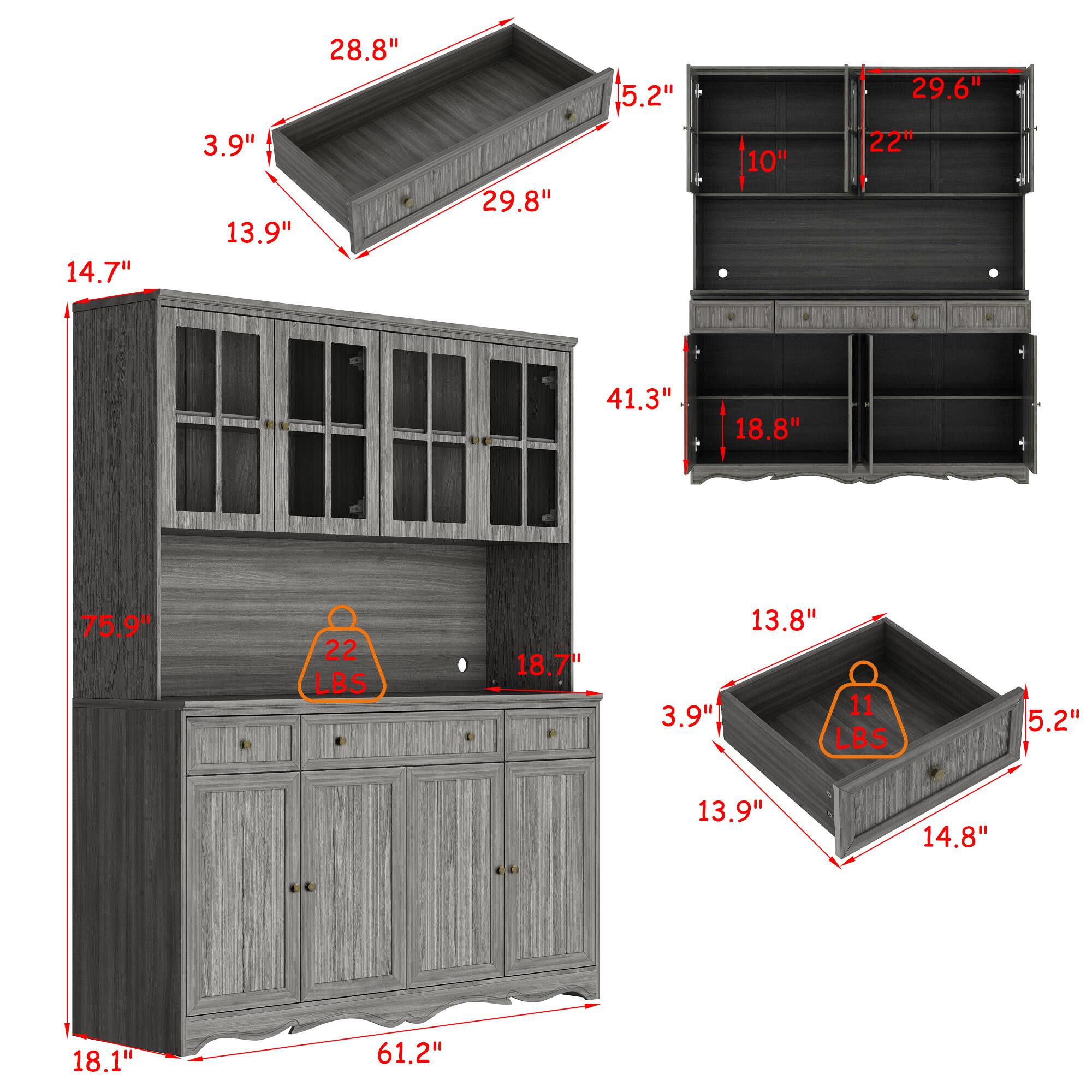 The text on the image can be grouped and corrected as follows:

1. 28.8" 13.9" 29.6" 22" 41.3" 18.8" 75.9" 22 LBS
2. 14.7" 13.8" 18.1" 61.2" 11 LBS 5.2" 13.9" 14.8" 18.1"

The corrected text groups the measurements and weight for each part of the cabinet, making it easier to understand the dimensions and weight of each component.