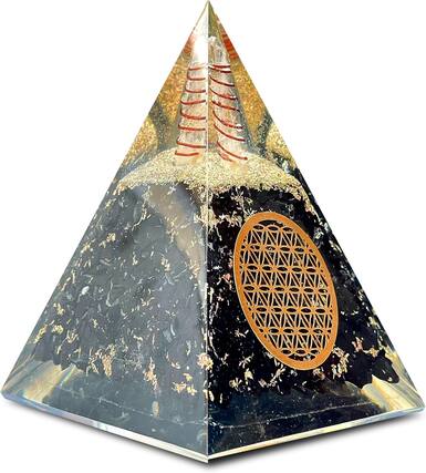 Front. Refined Abode Design - Citrine Orgonite Pyramid for Wealth, Meditation & Energy Balance – Handcrafted Success Decor - Shungite.