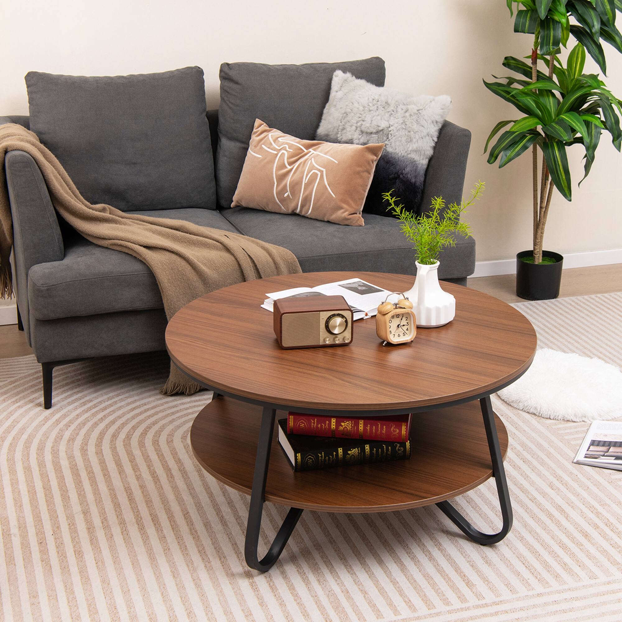 Angle. Costway - 2-Tier Round Coffee Table with Wood Grain Finish & Heavy-duty Metal Frame - Walnut.