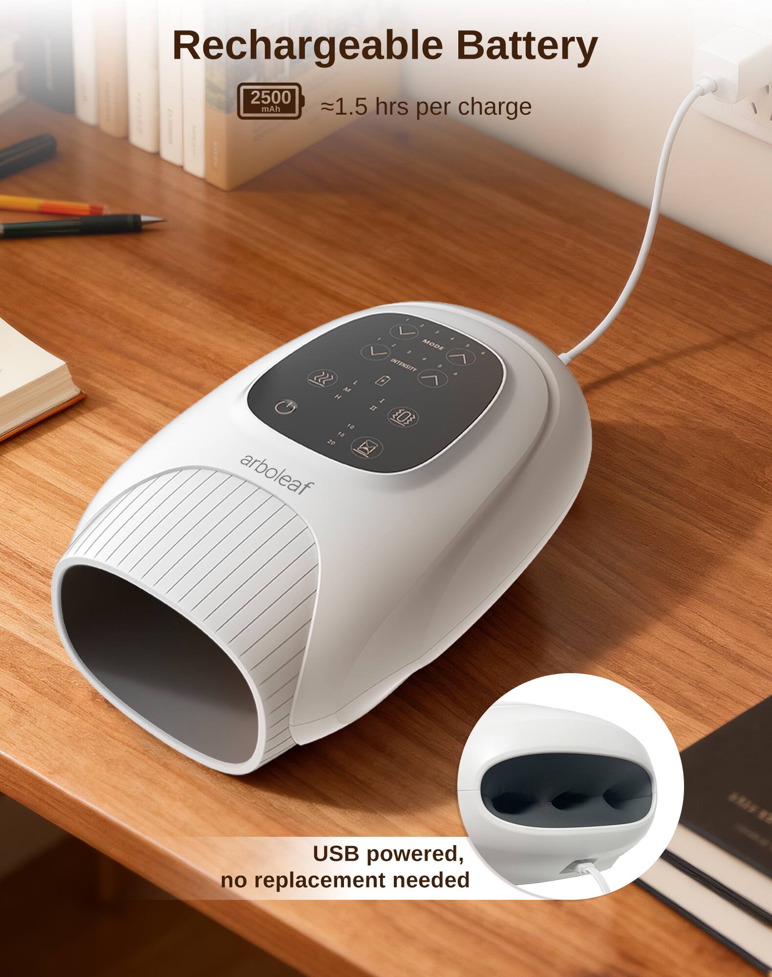 Rechargeable Battery 2500 mAh ~1.5 hrs per charge

MODE INTENSITY

arboleaf USB powered, no replacement needed