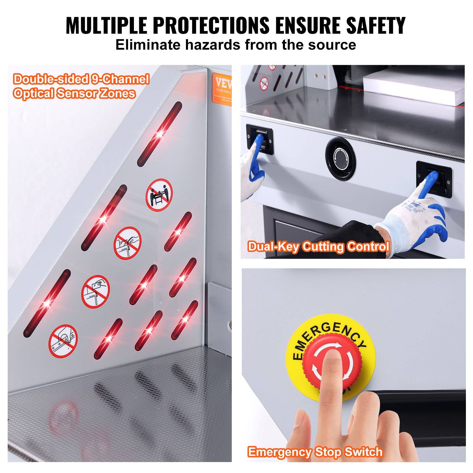 MULTIPLE PROTECTIONS ENSURE SAFETY  
Eliminate hazards from the source  

Double-sided 9-Channel Optical Sensor Zones  

Dual-Key Cutting Control  

Emergency Stop Switch