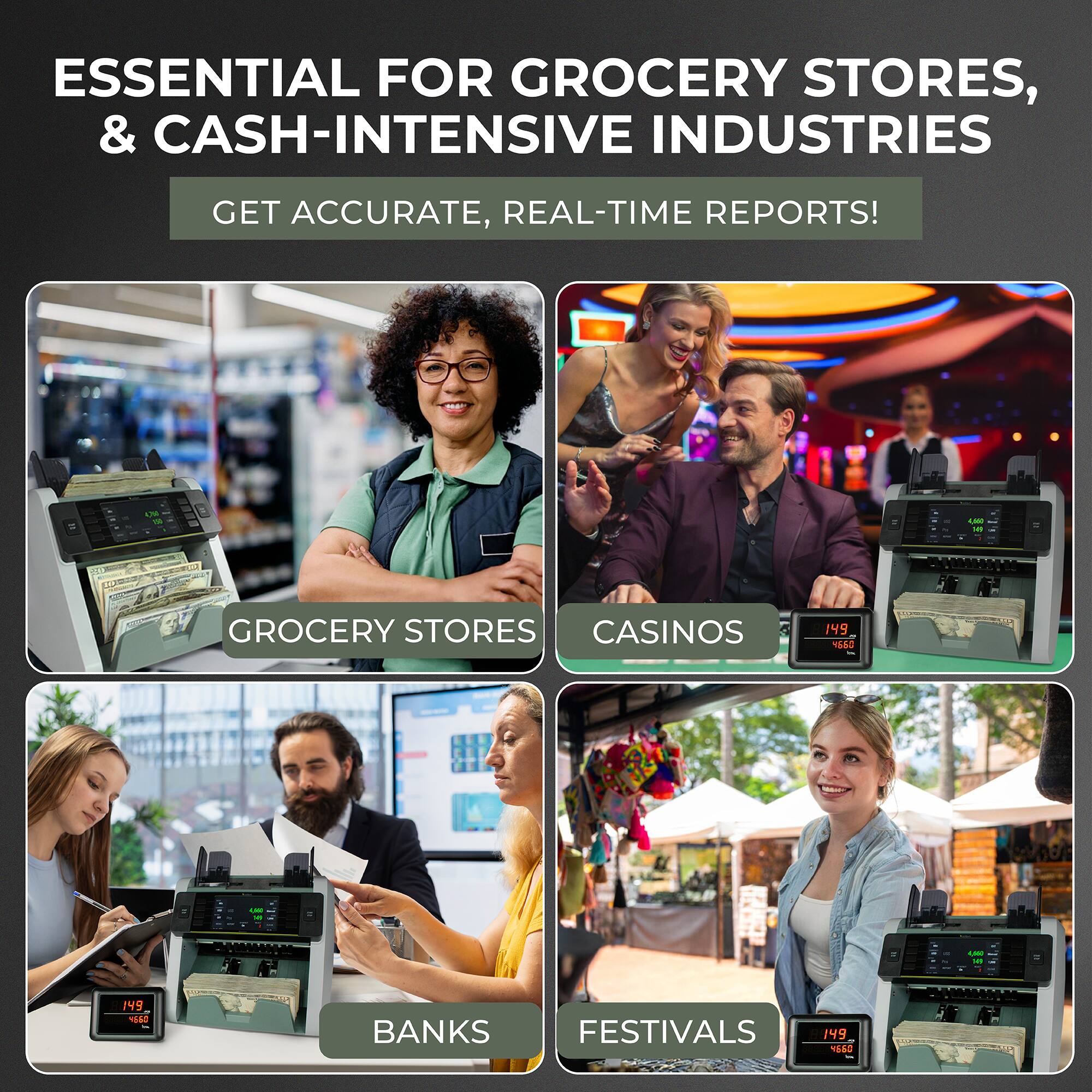 ESSENTIAL FOR GROCERY STORES, & CASH-INTENSIVE INDUSTRIES  
GET ACCURATE, REAL-TIME REPORTS!

- GROCERY STORES
- CASINOS
- BANKS
- FESTIVALS