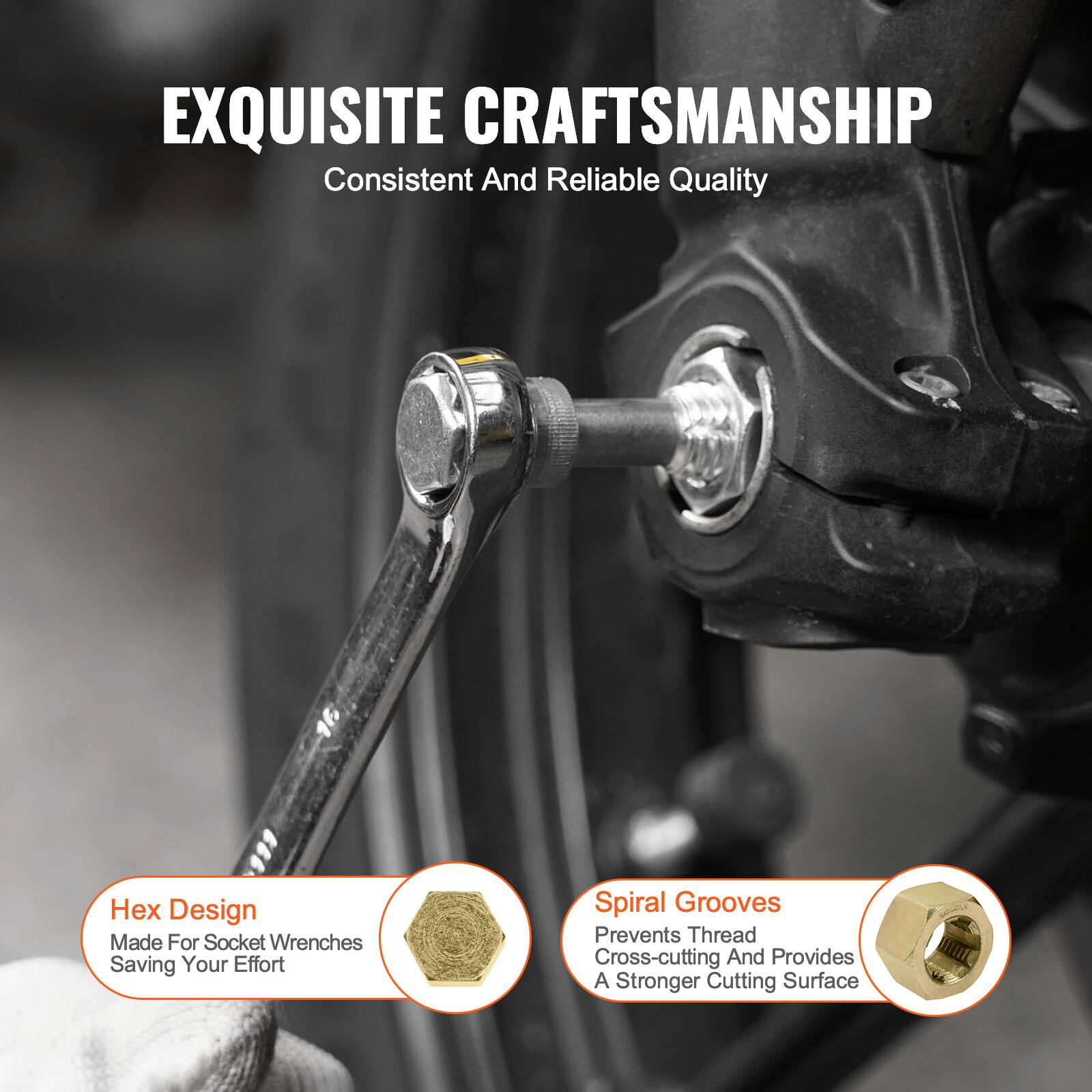 EXQUISITE CRAFTSMANSHIP  
Consistent And Reliable Quality  

Hex Design  
Made For Socket Wrenches  
Saving Your Effort  

Spiral Grooves  
Prevents Thread Cross-cutting  
And Provides A Stronger Cutting Surface