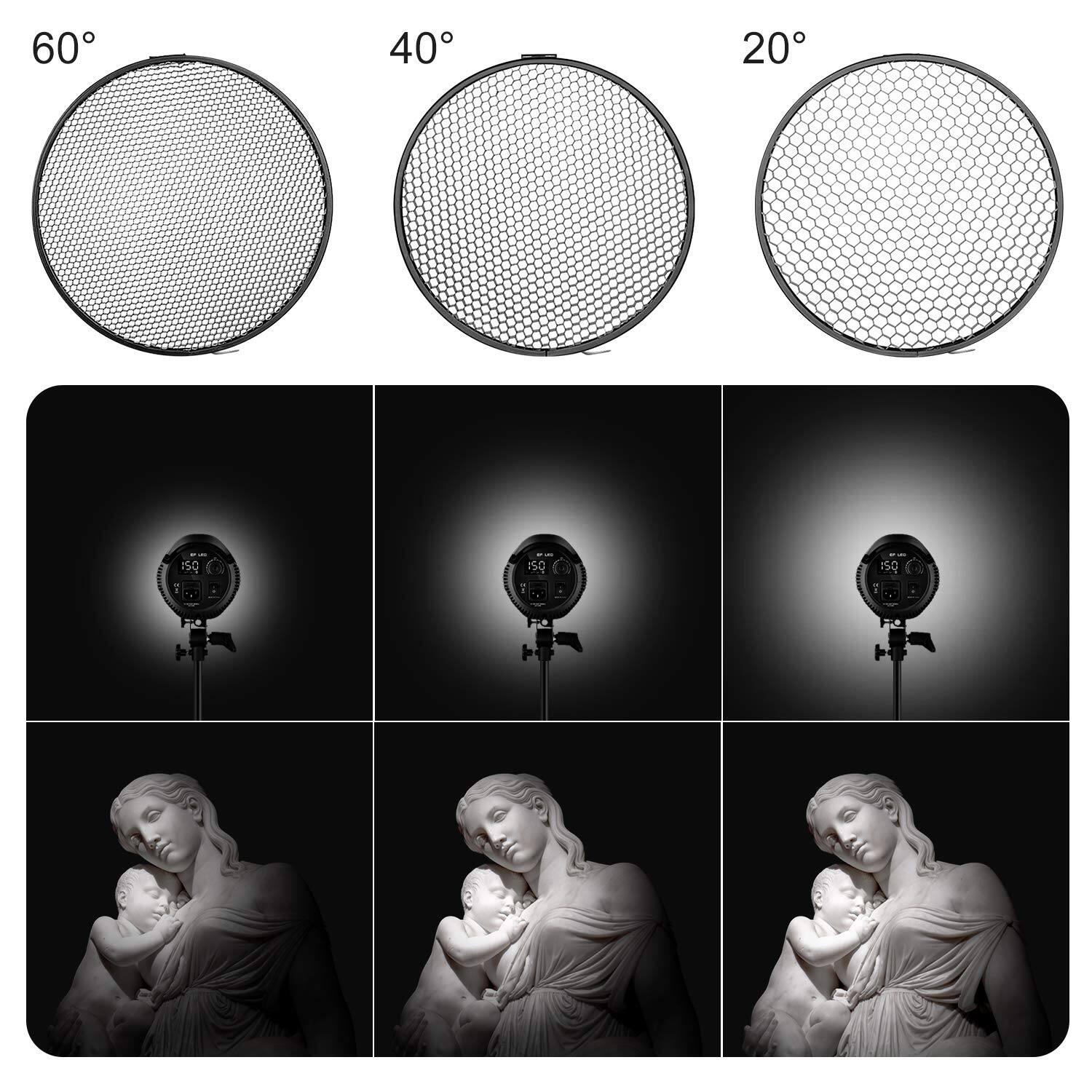 Angle. Neewer - 7" Bowens Reflector w/ 20/40/60° Honeycomb Grid.