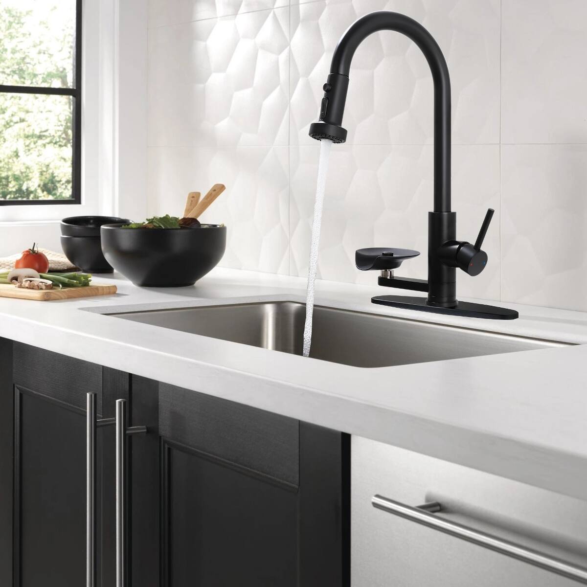 Angle. Ropilly - Ropilly 3 in 1 Kitchen Faucet with Glass Rinser, High Arc Pull Down Sprayer Faucet, Matte Black - Matte Black.