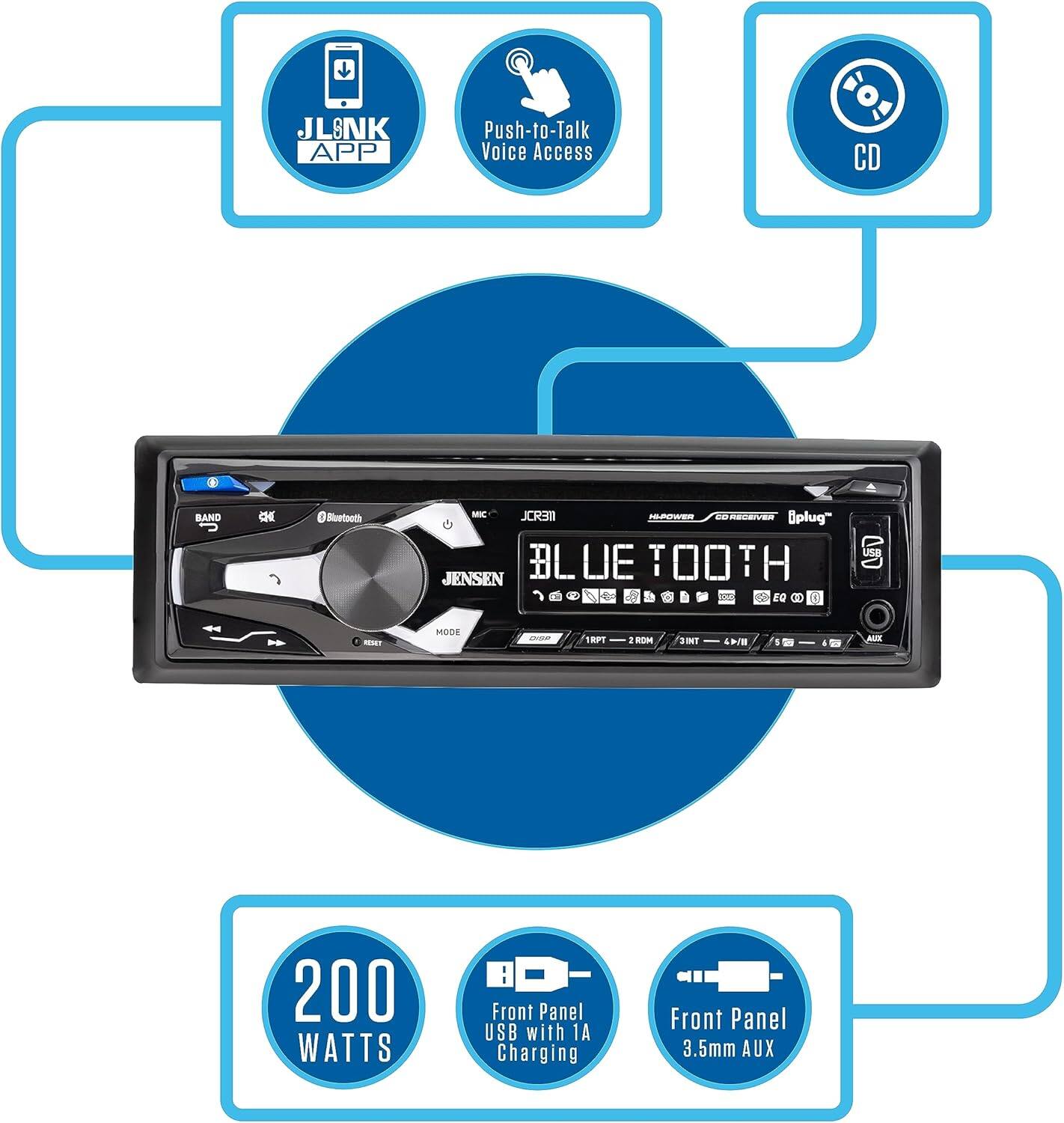 - JLONK APP
- Push-to-Talk Voice Access
- CD
- BAND
- Bluetooth
- MIC
- JCR3TI
- Dplug
- JENSEN
- BLUETOOTH
- MODE
- 18PT
- ROM
- 4N
- AUE
- 200 WATTS
- Front Panel USB with 1A Charging
- Front Panel 3.5mm AUX