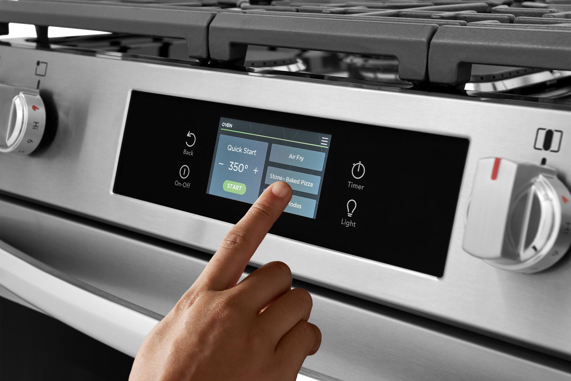 I Hi - Back O I On-Off OVEN Quick Start : 350 + START Air Fry Stone Baked Pizza I Timer Modes Light