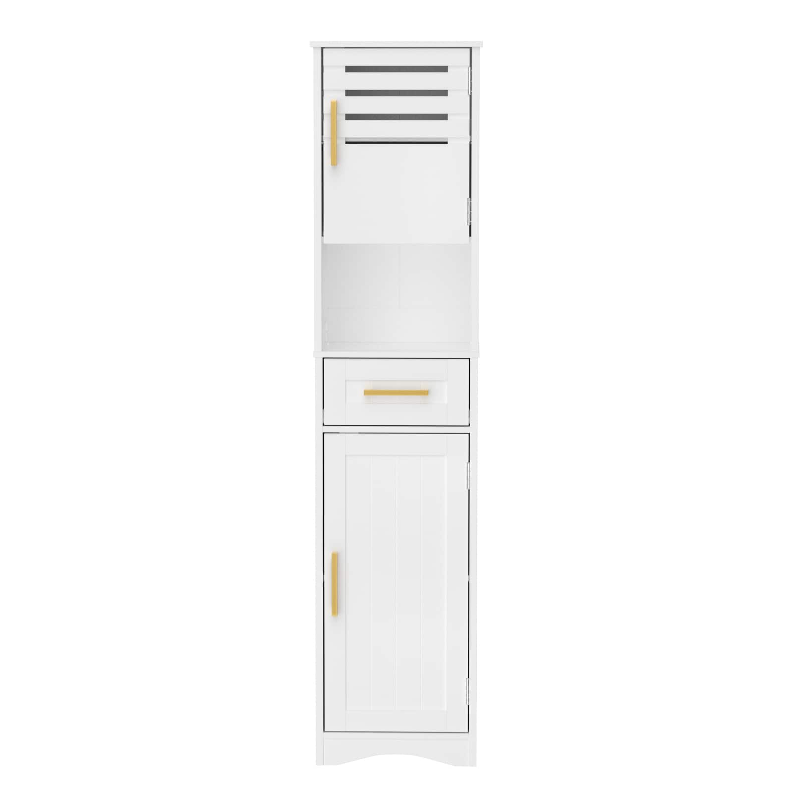 TinyHomie - Tall Bathroom Floor Storage Cabinet Narrow Slim Freestanding Cabinet with 1 Drawer and 2 Doors 5 Adjustable Height Shelf - White