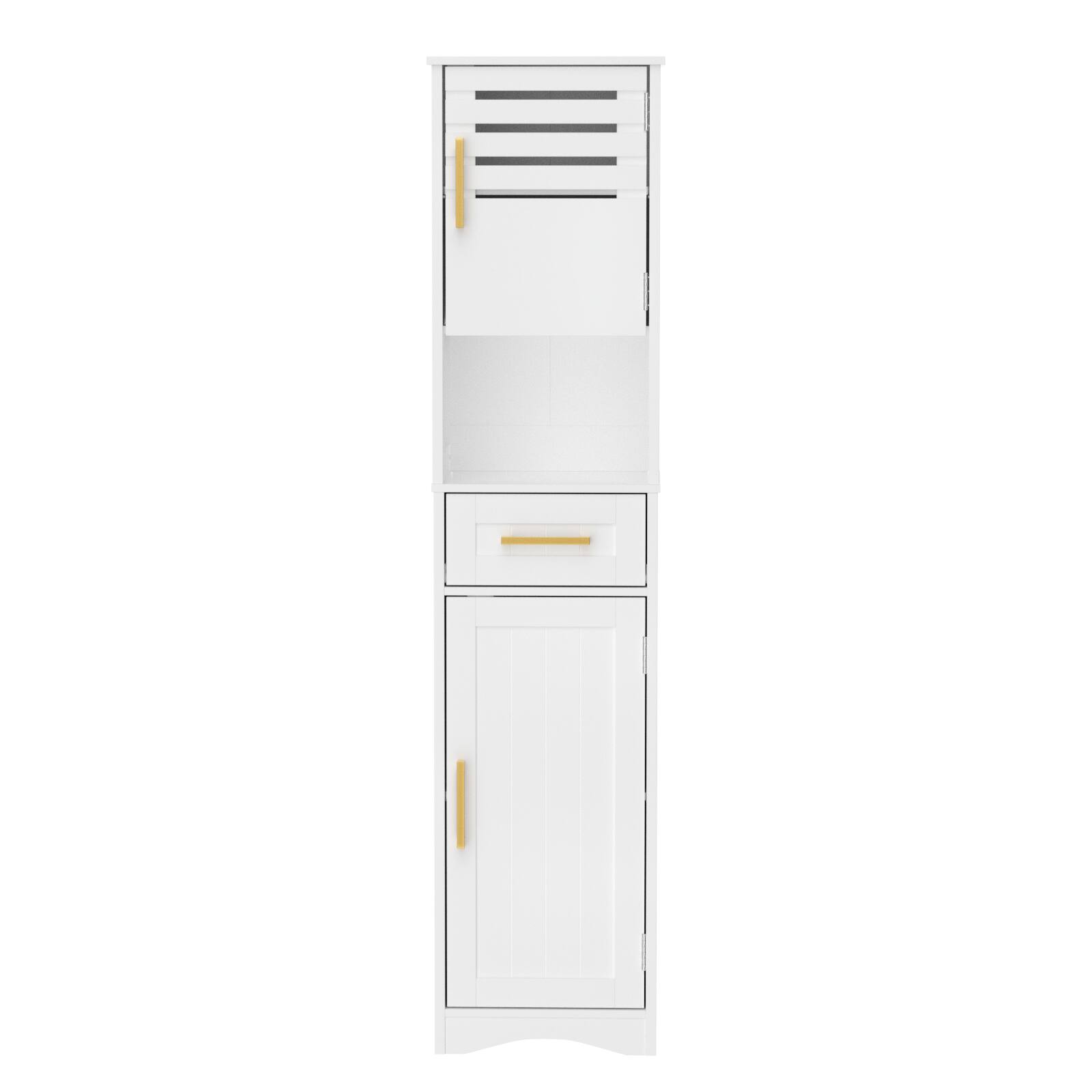 Front. TinyHomie - Tall Bathroom Floor Storage Cabinet Narrow Slim Freestanding Cabinet with 1 Drawer and 2 Doors 5 Adjustable Height Shelf - White.