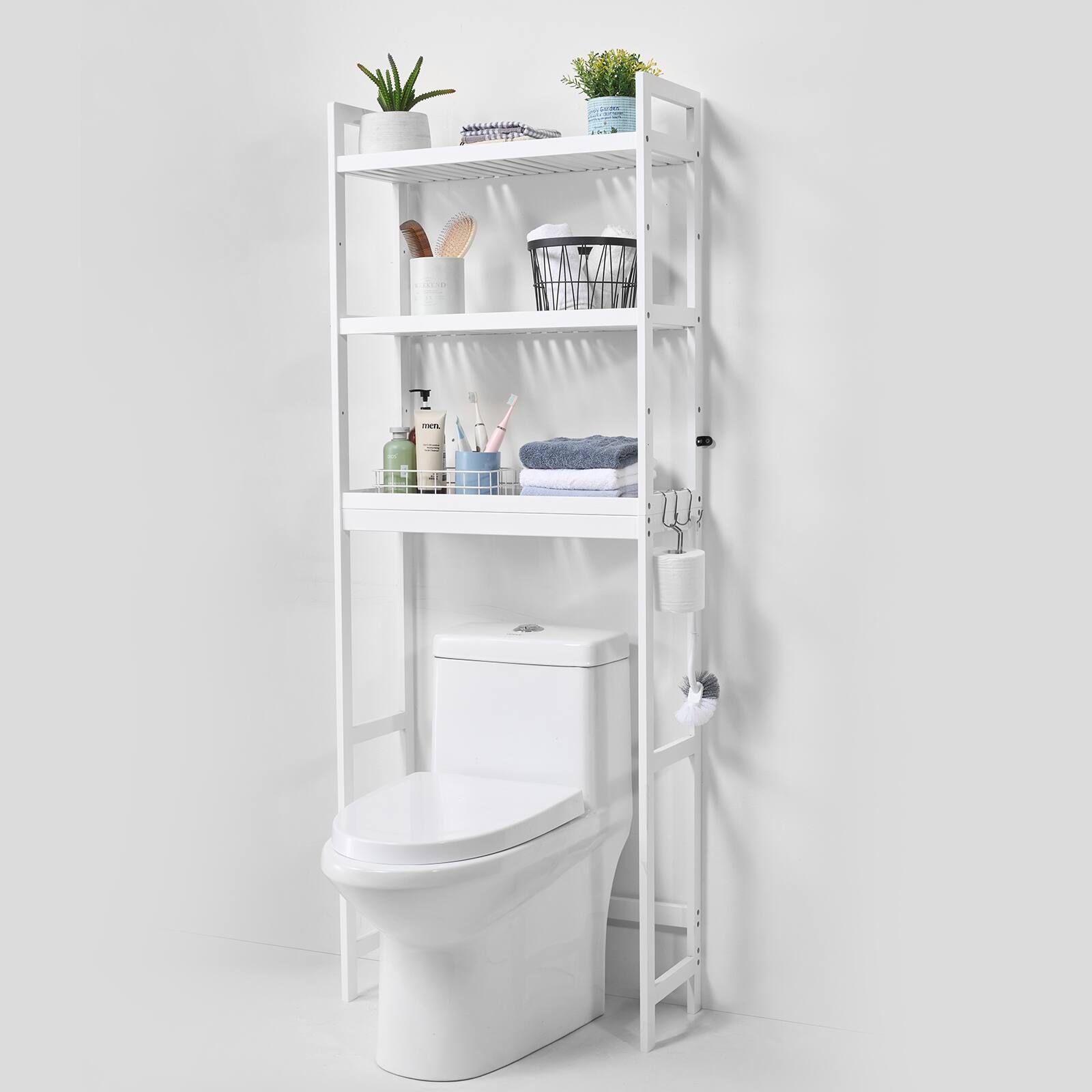 VEVOR - Over the Toilet Storage, 3-Tier Adjustable Over Toilet Bathroom Organizer, Bamboo Storage Shelf Rack with 3 Hooks - White