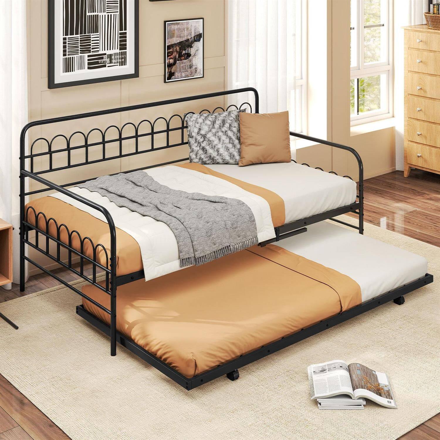 Back. Pefilos - Twin Size Daybed, Curved Backrest & Armrests, 13+13 Heavy-Duty Metal Slats, Extra Support Leg, Trundle - Black.