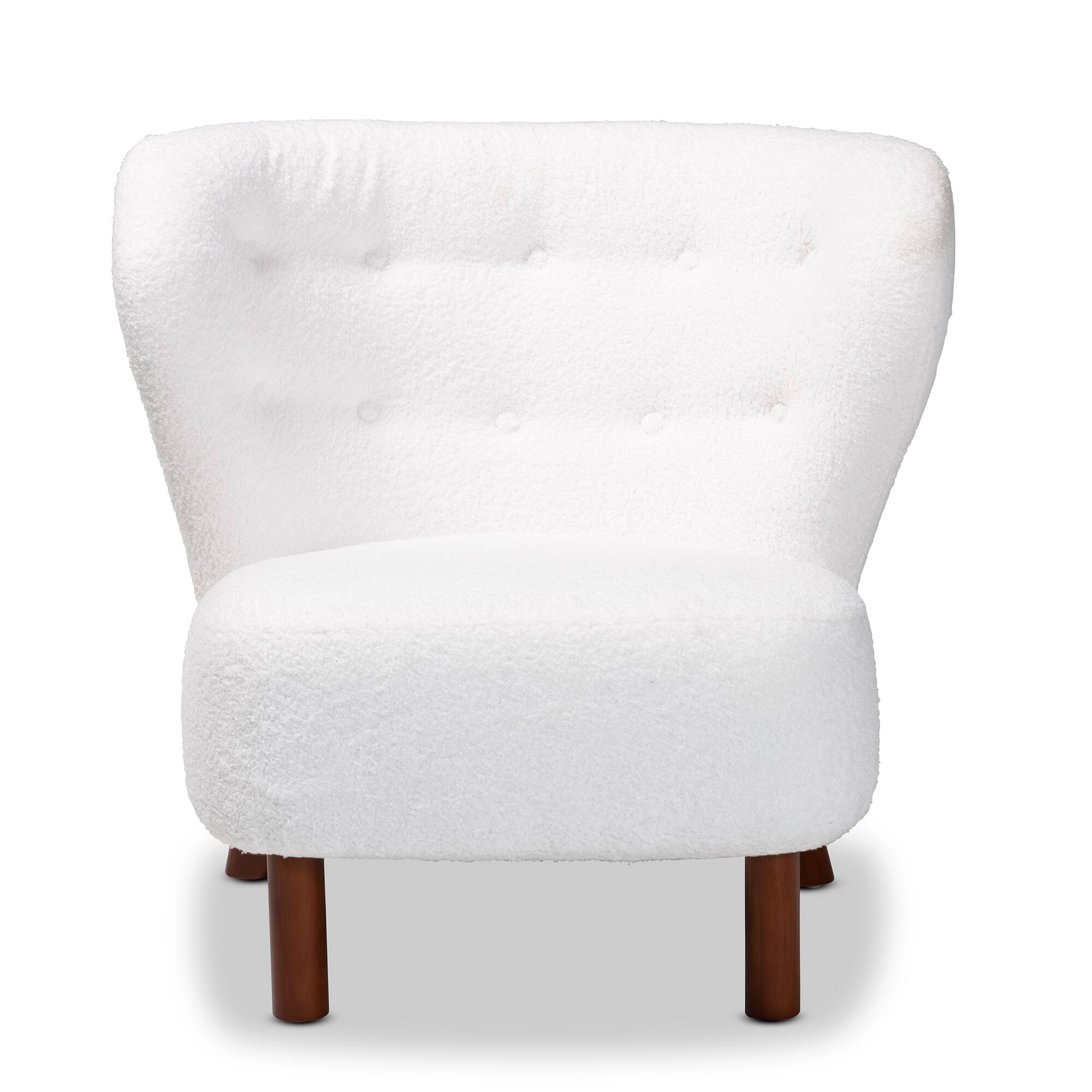 Angle. Baxton Studio - Cabrera Modern and Contemporary Boucle Upholstered and Walnut Finished Wood Accent Chair - White/Walnut Brown.