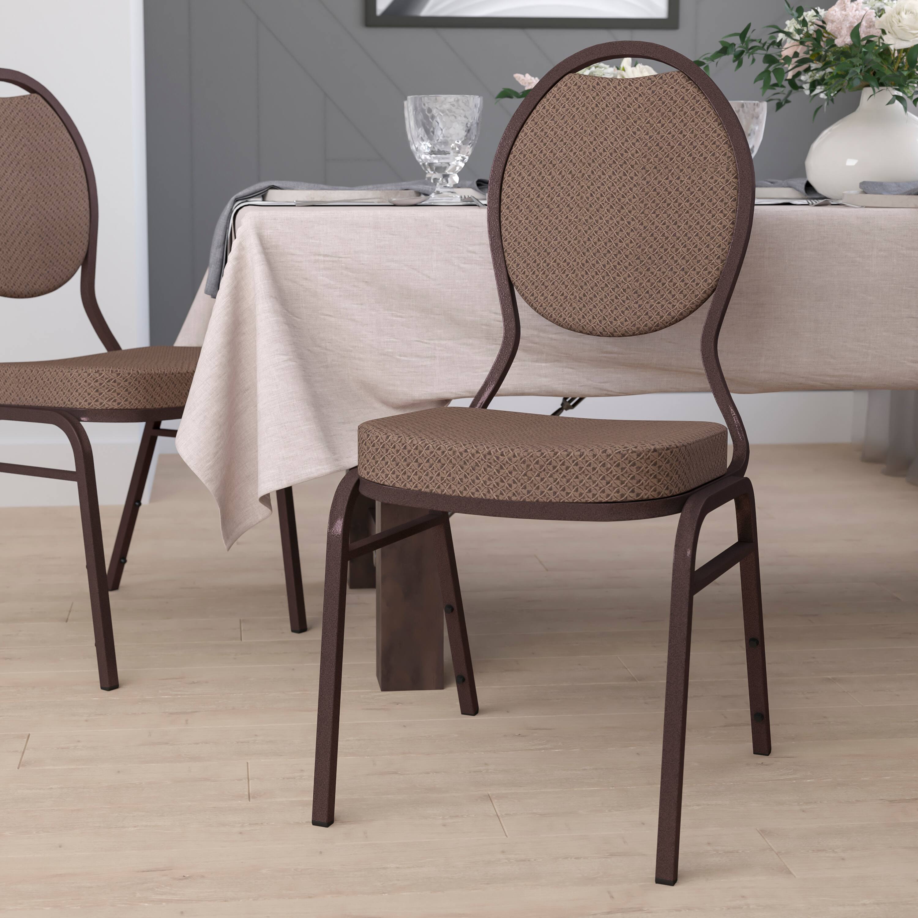 Alt View 1. Emma + Oliver - Teardrop Back Stacking Banquet Dining Chair - Brown Patterned Fabric/Copper Vein Frame.