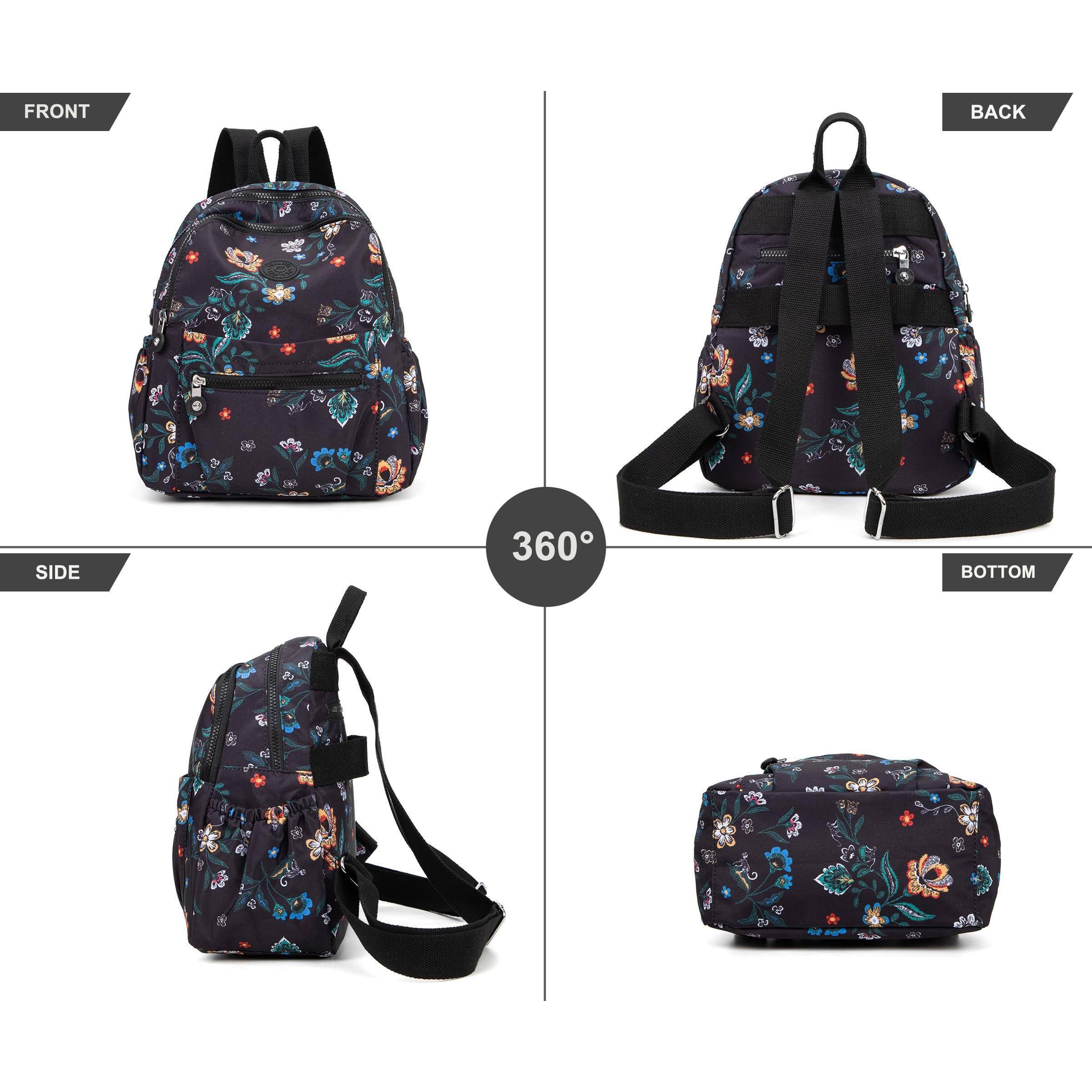 Left. Stamp n Camp - Mini Backpack Purse For Women Small Nylon Backpacks Ladies Anti Travel Bag (flower) - Black.
