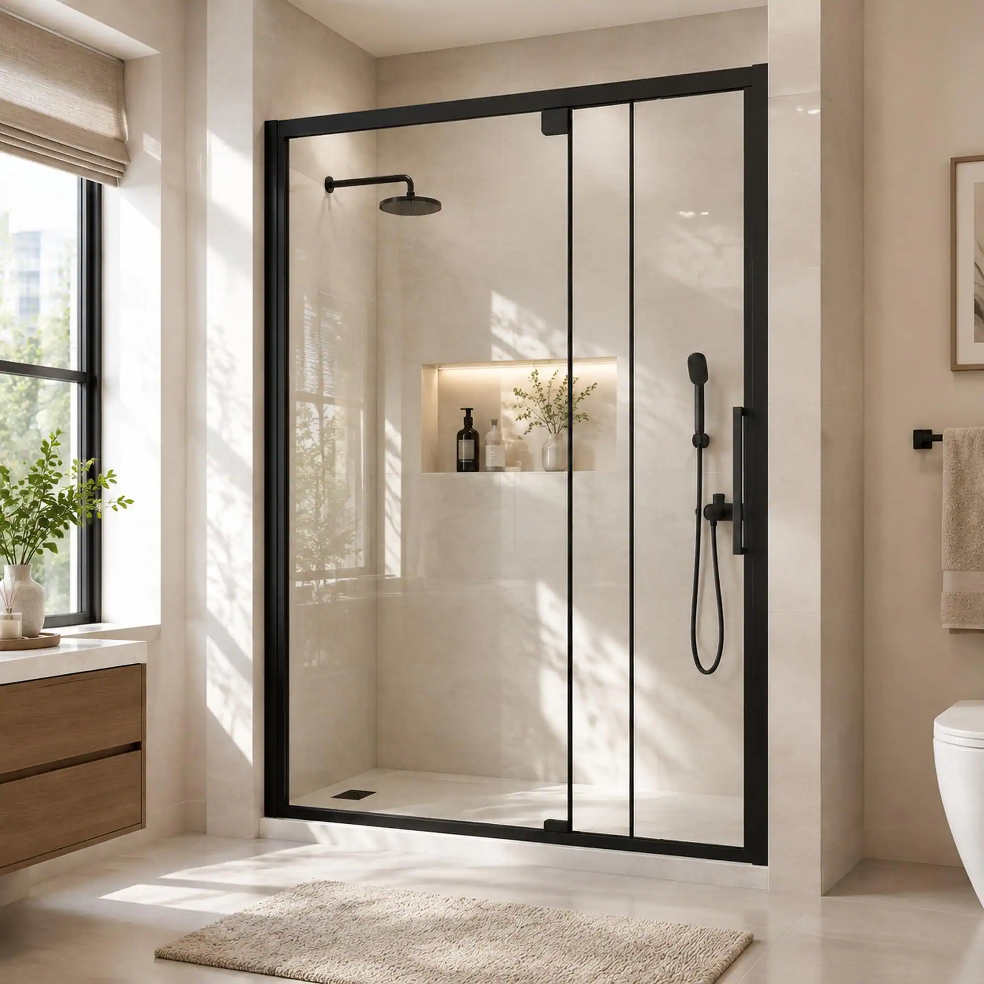 RYHNUYNE Semi Frameless Pivot Hinged Glass Shower Door 56 60