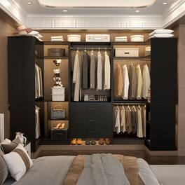 Aheaplus - 88.8'' With U-Shaped Closet System, Walk-in Wardrobe System with 3 Drawers and 5 Hanging Rods, Set of 3 - Black